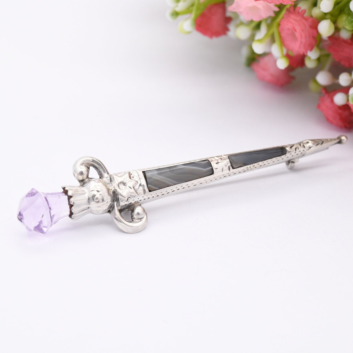 Antique Adie & Lovekin Sterling Silver Agate Brooch with Amethyst Hilt - Scottish Pebble | Thistle Shape | 1890s Victorian Collectable