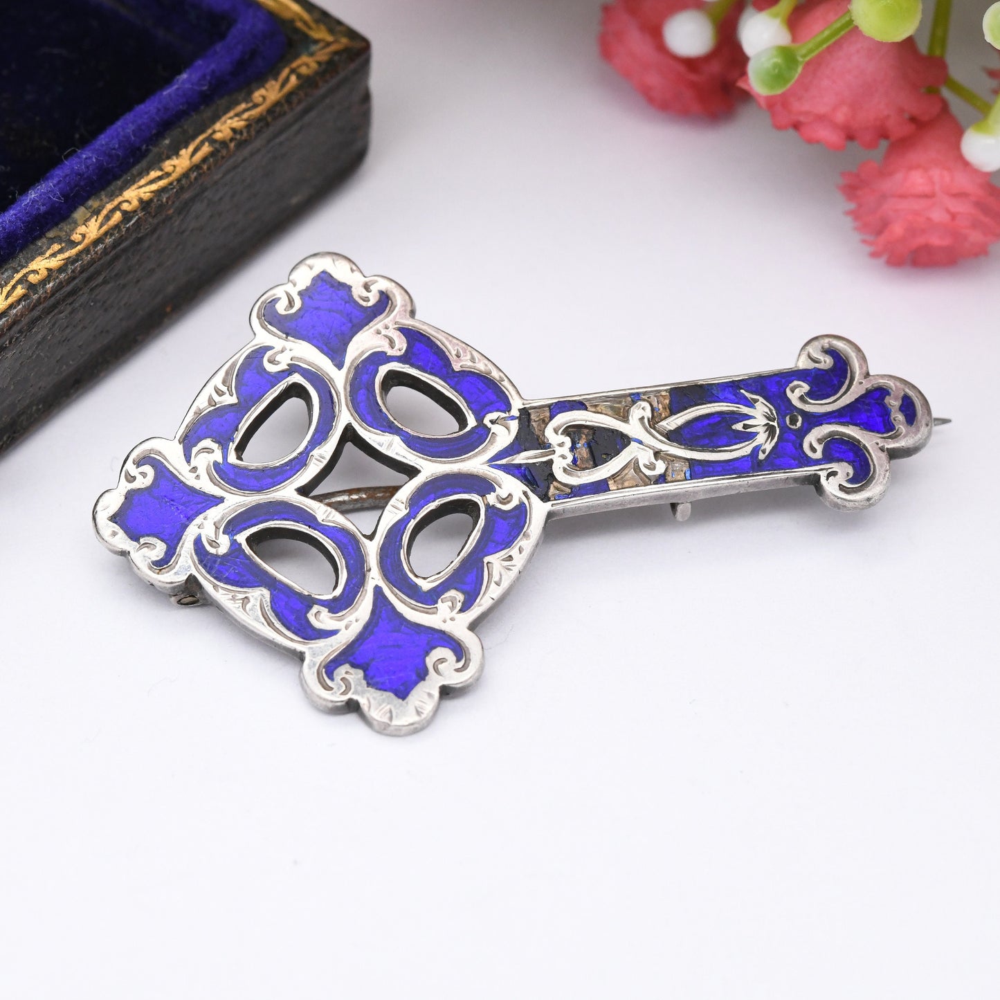 Antique Sterling Silver Enamel Cross Brooch - Victorian Ornate Hooped Cross