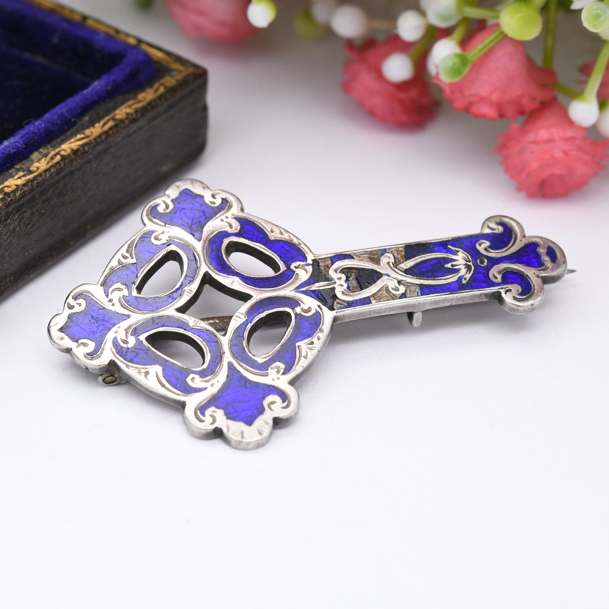 Antique Sterling Silver Enamel Cross Brooch - Victorian Ornate Hooped Cross