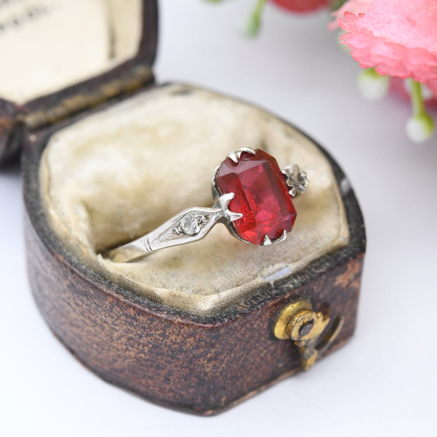 Antique Art Deco 9ct Gold & Sterling Silver Paste Ring - Ruby Red Paste | UK Size - S 1/2 | US Size - 9 1/4