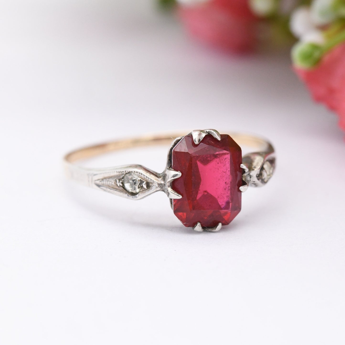 Antique Art Deco 9ct Gold & Sterling Silver Paste Ring - Ruby Red Paste | UK Size - S 1/2 | US Size - 9 1/4