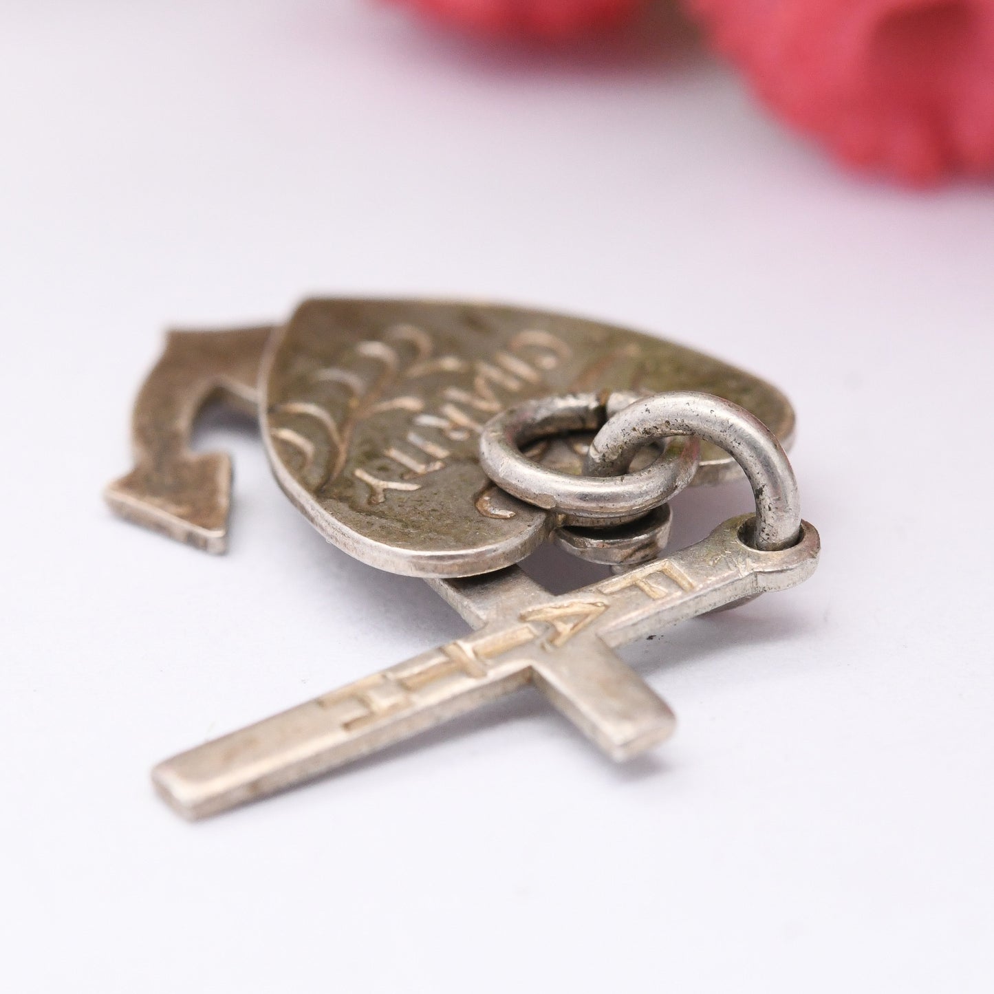 Vintage Silver Hope Faith Charity Charm Pendant - Heart Anchor Cross | Engraved Words | Charm Bracelet Charm Necklace