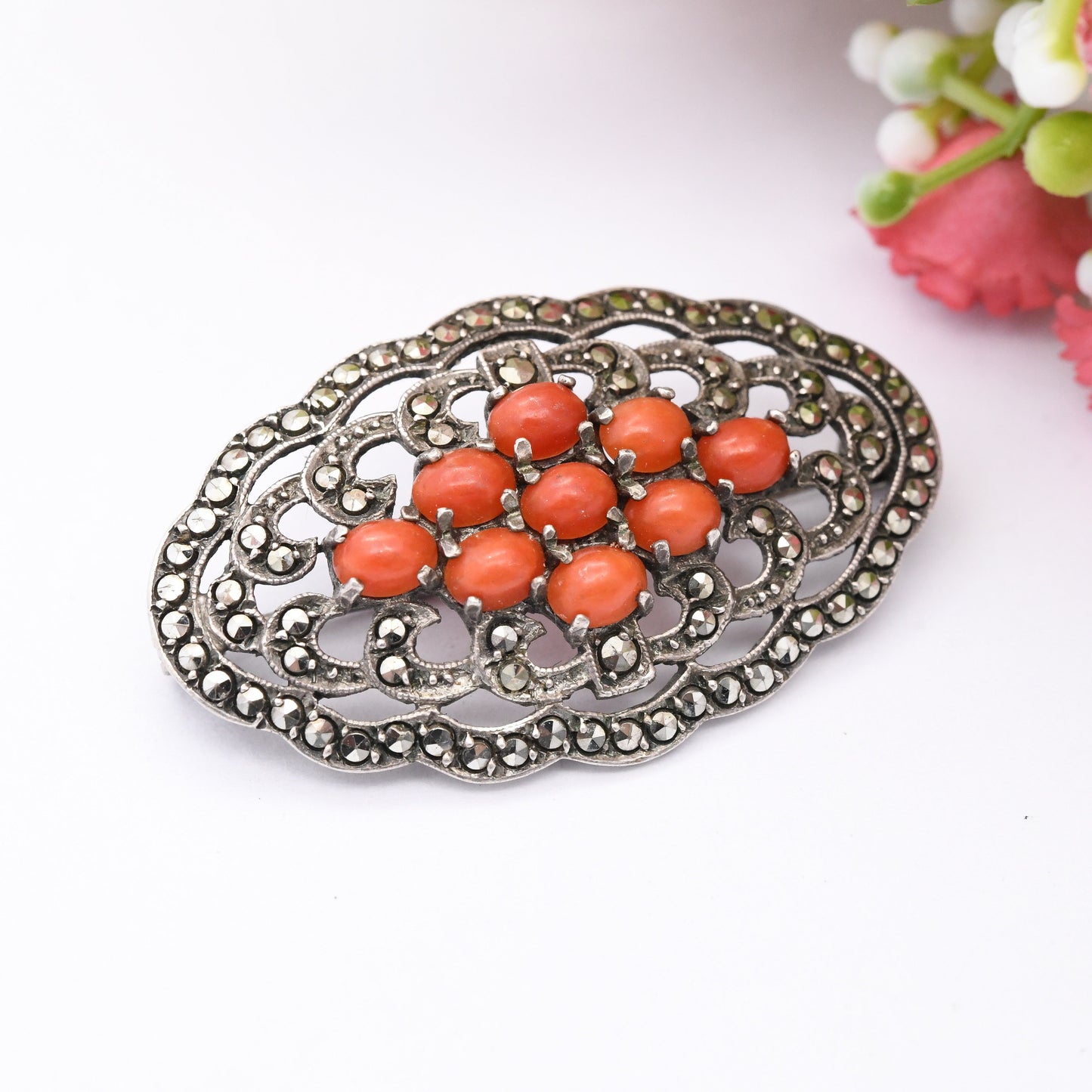 Antique Silver Coral Marcasite Brooch - Cabochon Red Stones | Ornate Statement Pin