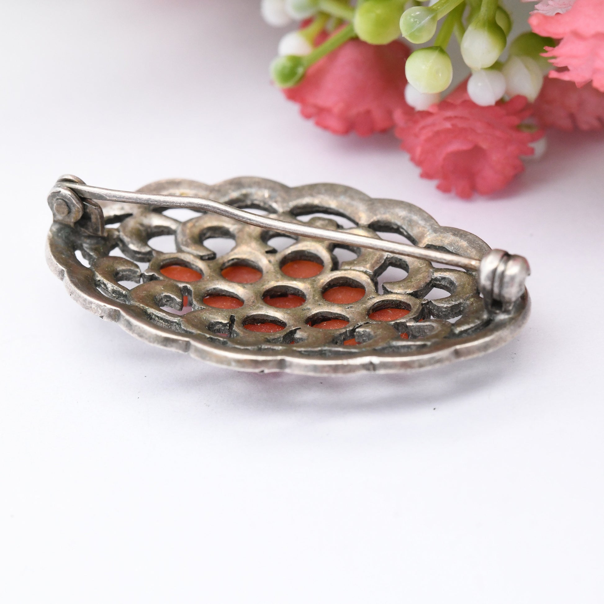 Antique Silver Coral Marcasite Brooch - Cabochon Red Stones | Ornate Statement Pin