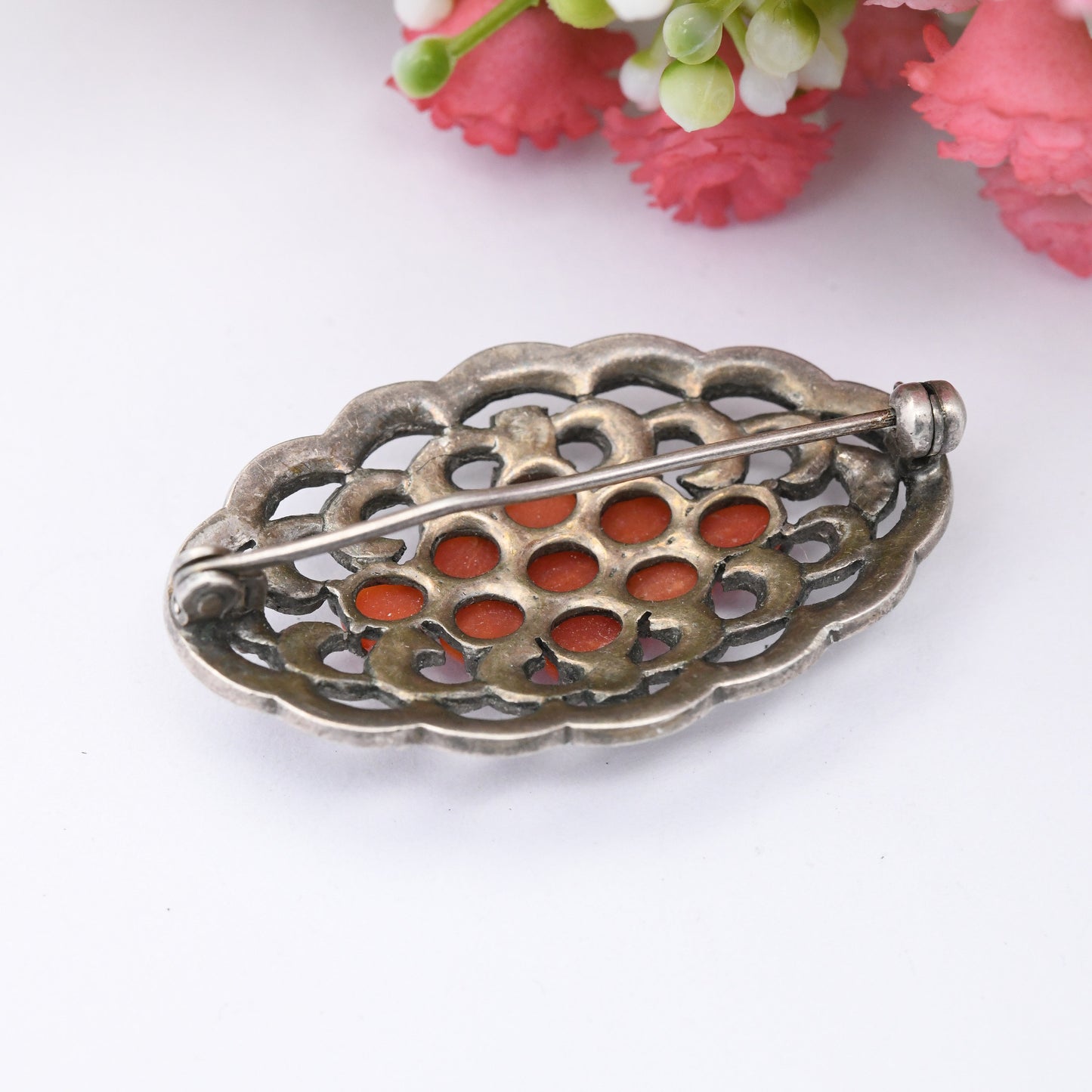 Antique Silver Coral Marcasite Brooch - Cabochon Red Stones | Ornate Statement Pin