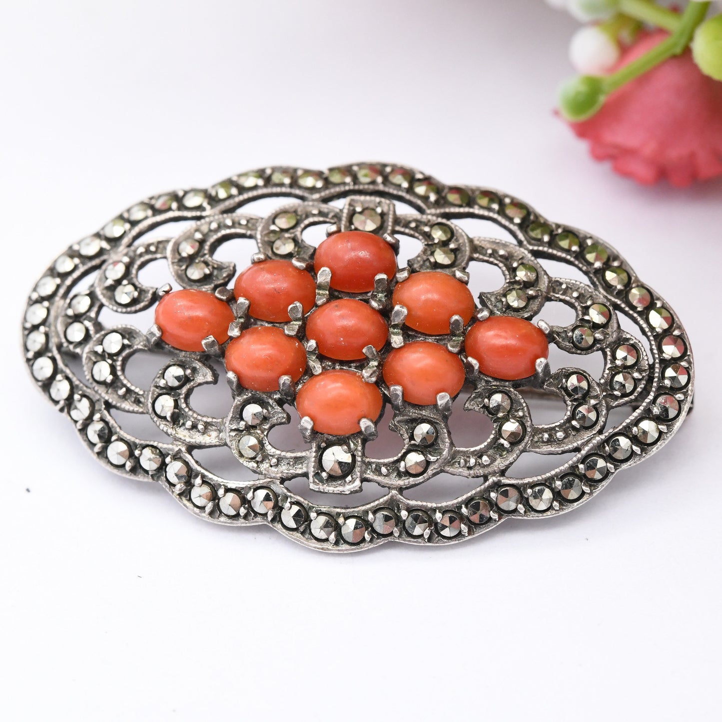 Antique Silver Coral Marcasite Brooch - Cabochon Red Stones | Ornate Statement Pin