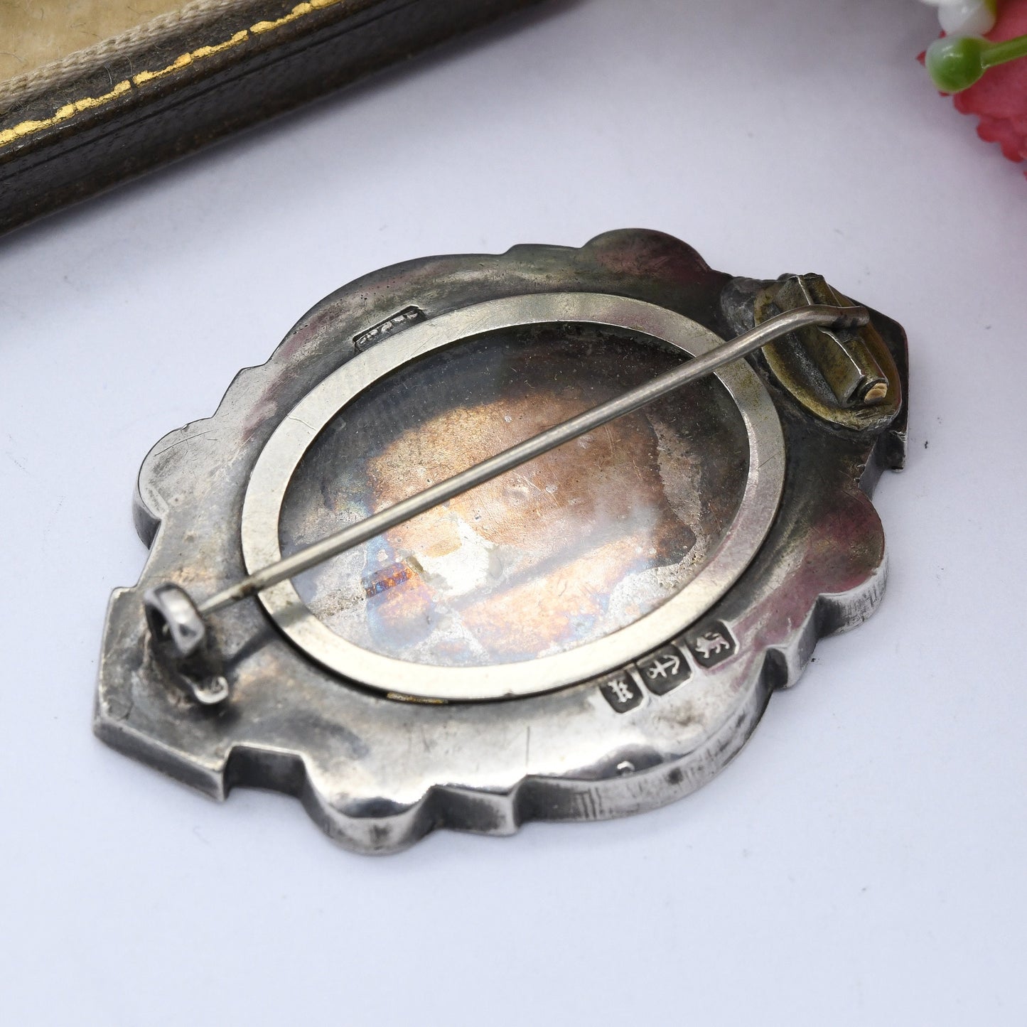 Antique Victorian Sterling Silver Aesthetic Movement Mourning Brooch with Floral Engraving 1884 - with Secret Locket | Rose Gold Plating