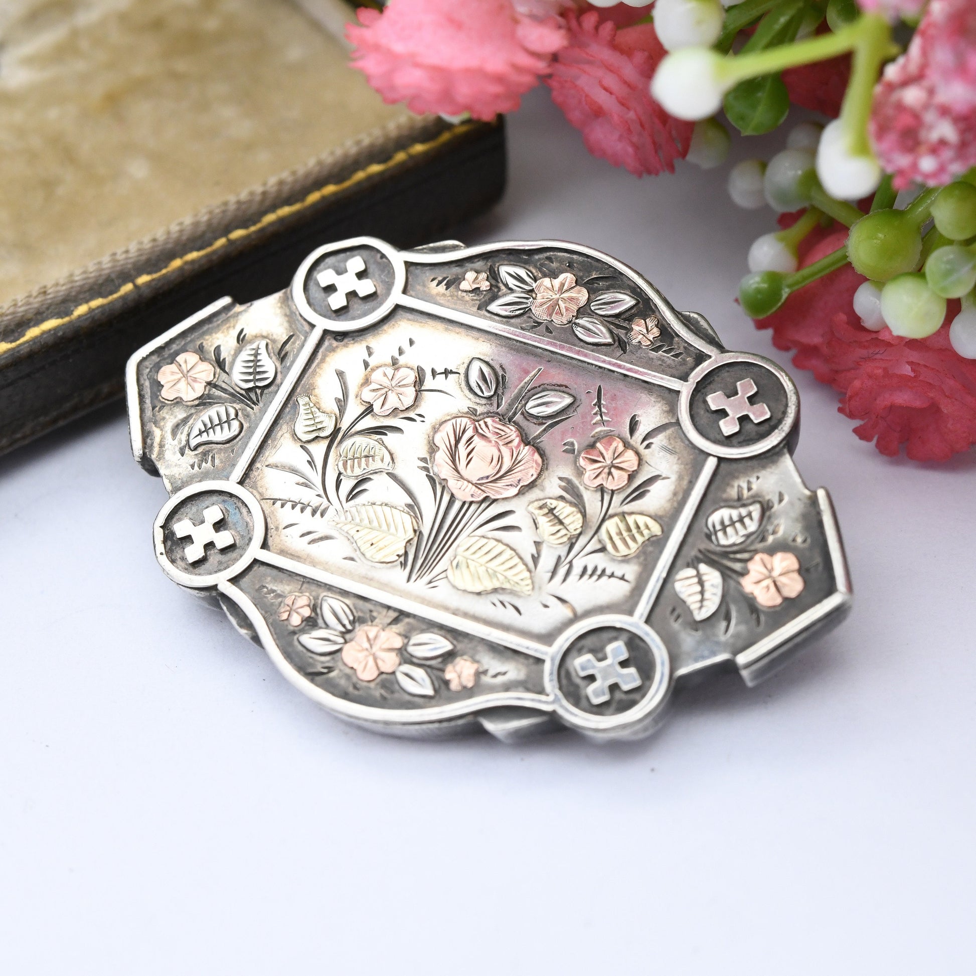 Antique Victorian Sterling Silver Aesthetic Movement Mourning Brooch with Floral Engraving 1884 - with Secret Locket | Rose Gold Plating