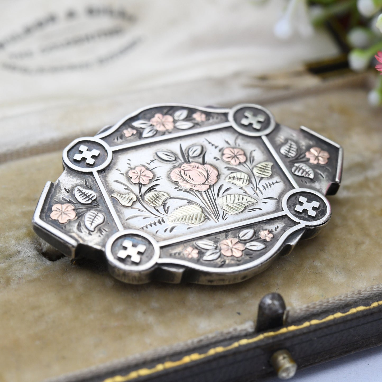 Antique Victorian Sterling Silver Aesthetic Movement Mourning Brooch with Floral Engraving 1884 - with Secret Locket | Rose Gold Plating