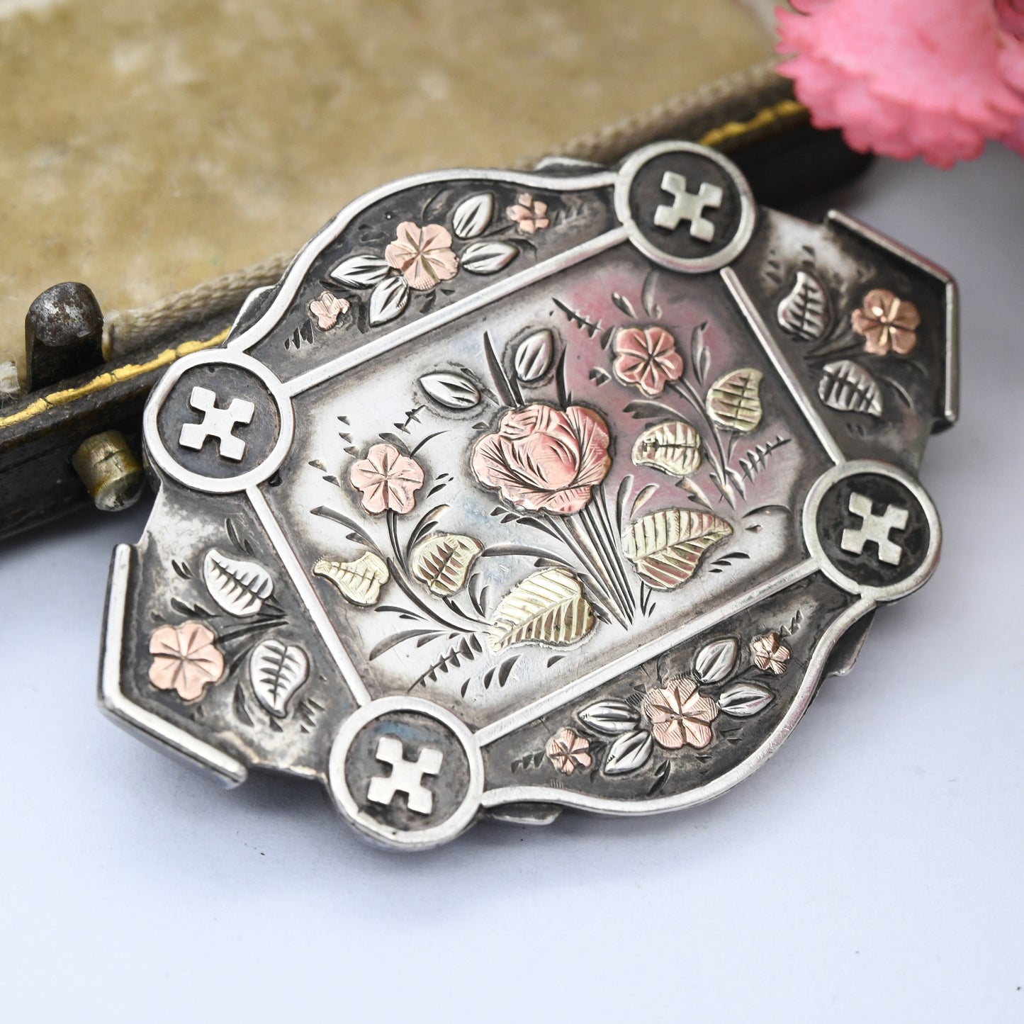 Antique Victorian Sterling Silver Aesthetic Movement Mourning Brooch with Floral Engraving 1884 - with Secret Locket | Rose Gold Plating