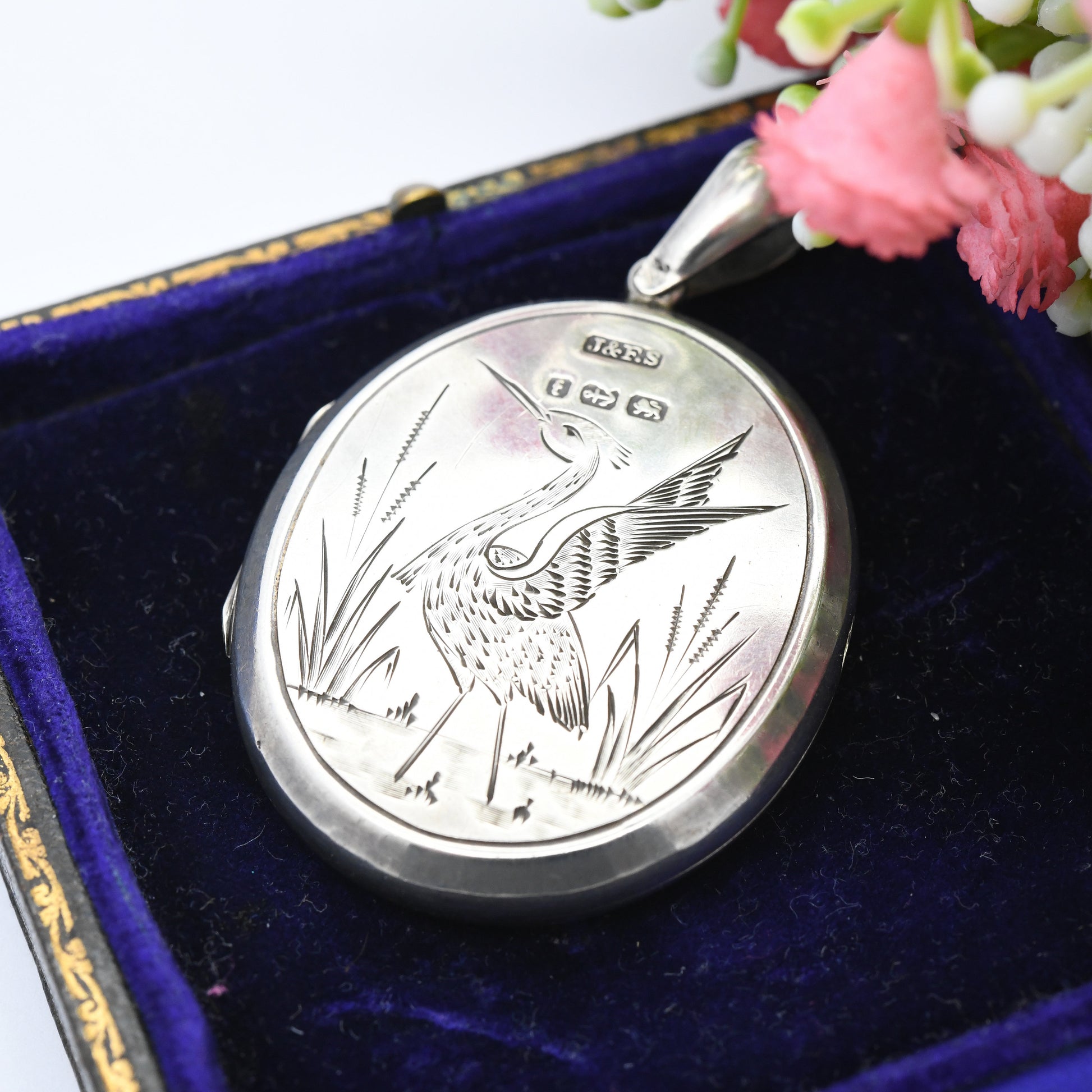 Antique Victorian Aesthetic Movement Sterling Silver Locket with Heron 1880 - Large Oval Pendant with Bunch of Wild Flowers | Picture Inside