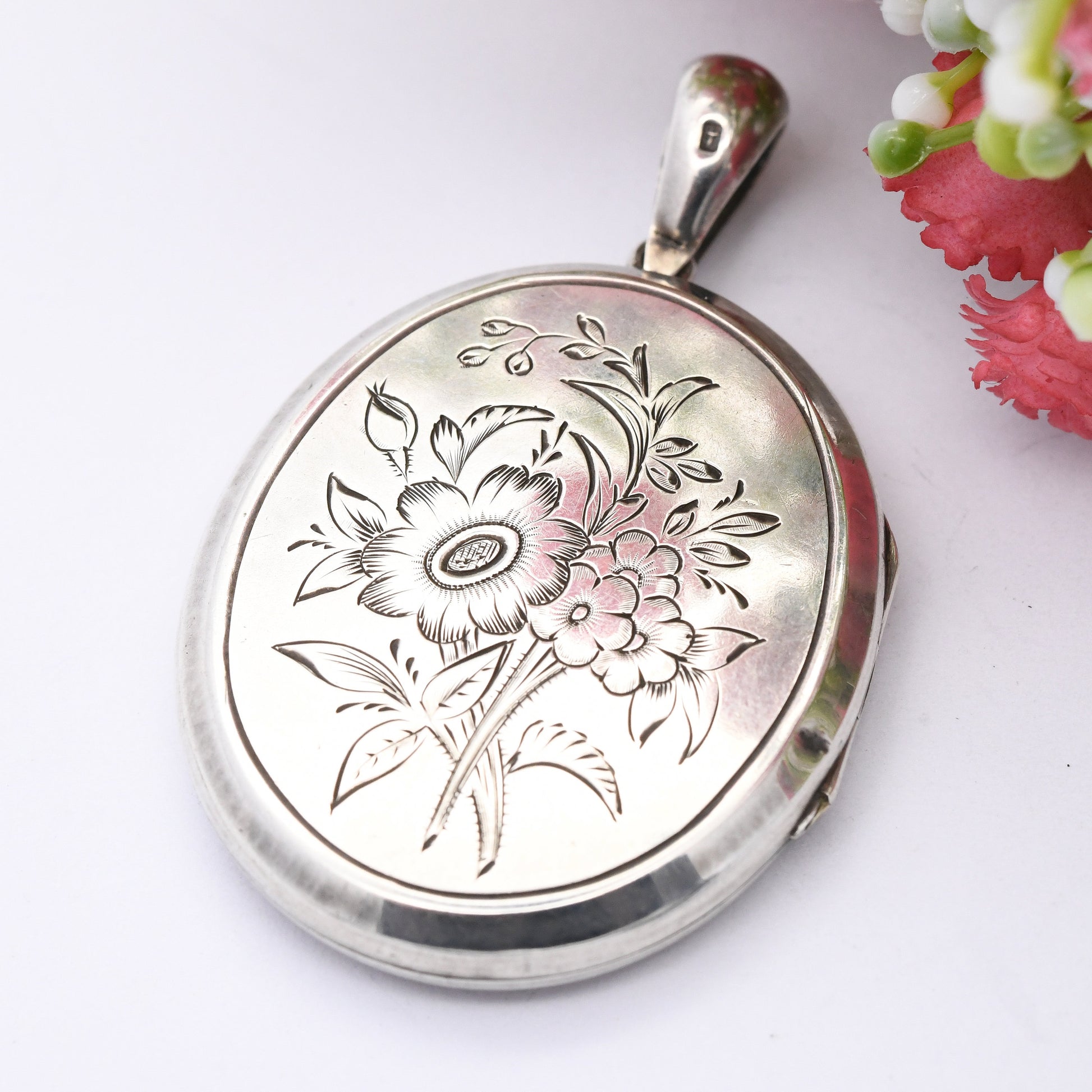 Antique Victorian Aesthetic Movement Sterling Silver Locket with Heron 1880 - Large Oval Pendant with Bunch of Wild Flowers | Picture Inside