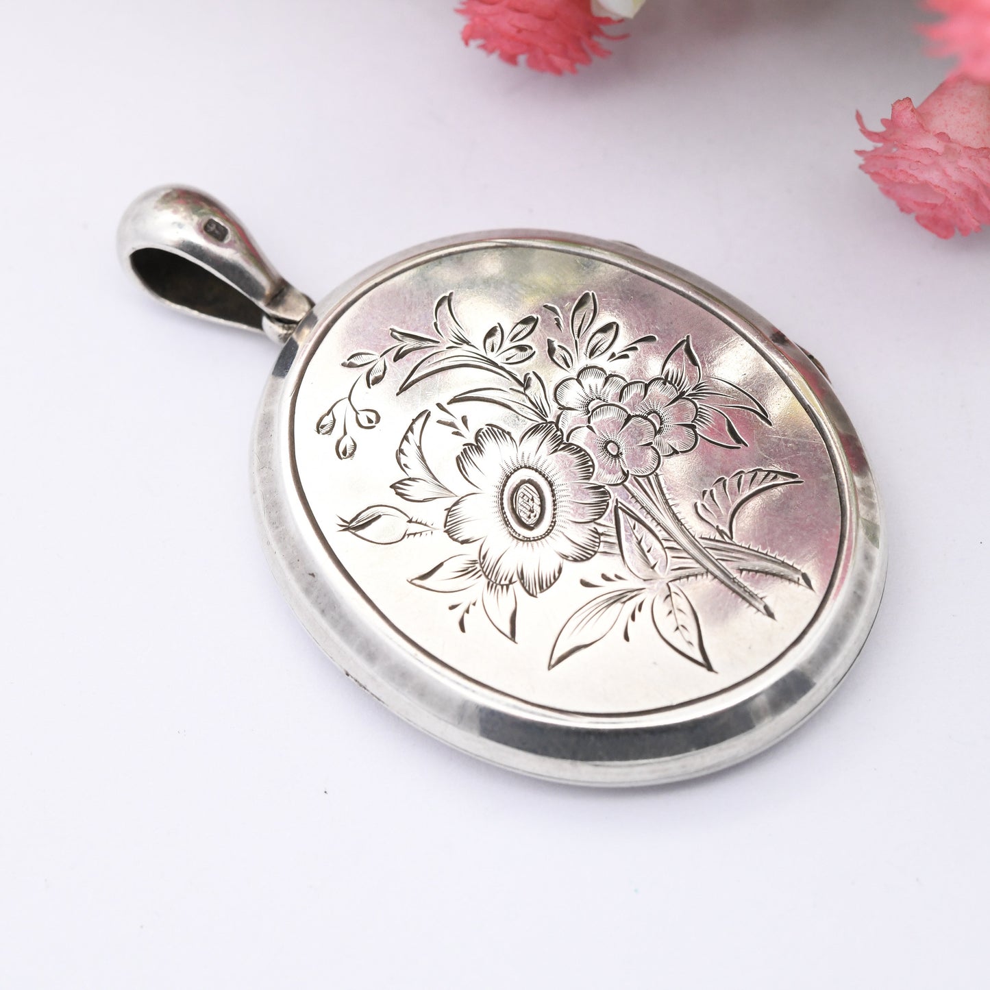 Antique Victorian Aesthetic Movement Sterling Silver Locket with Heron 1880 - Large Oval Pendant with Bunch of Wild Flowers | Picture Inside