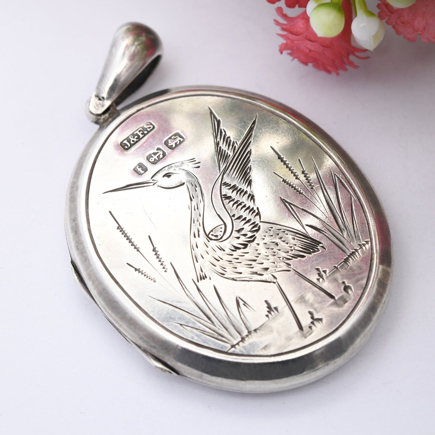 Antique Victorian Aesthetic Movement Sterling Silver Locket with Heron 1880 - Large Oval Pendant with Bunch of Wild Flowers | Picture Inside