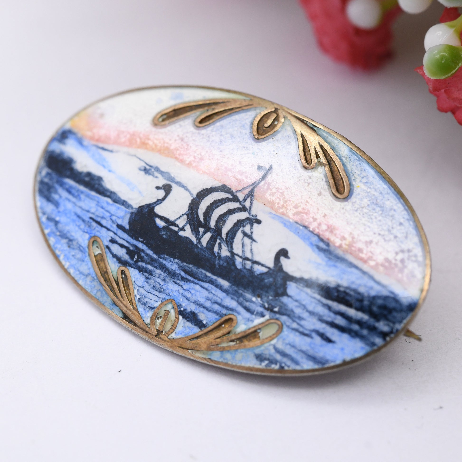 Vintage Norwegian Sterling Silver Enamel Sailing Ship Brooch - Signed to Back SK KS | Pink and Blue | Viking Ship Silhouette