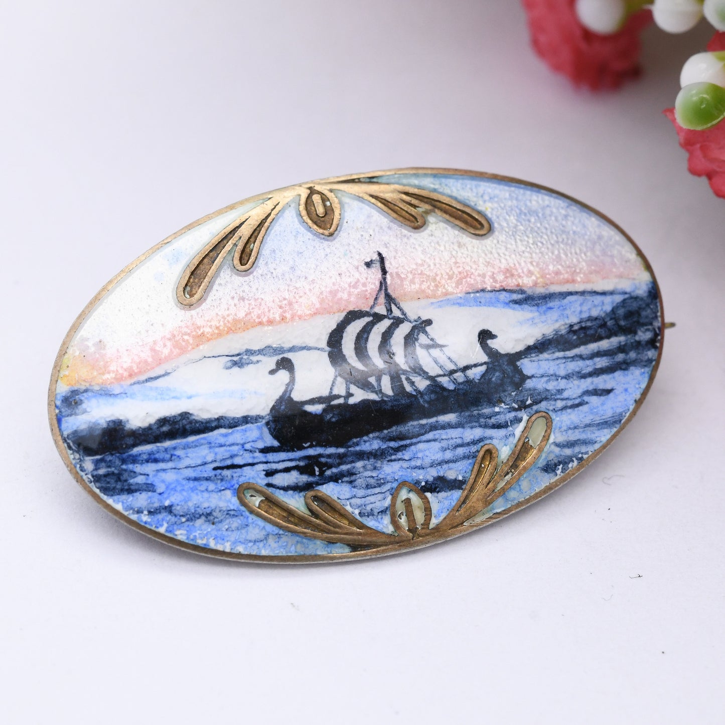 Vintage Norwegian Sterling Silver Enamel Sailing Ship Brooch - Signed to Back SK KS | Pink and Blue | Viking Ship Silhouette