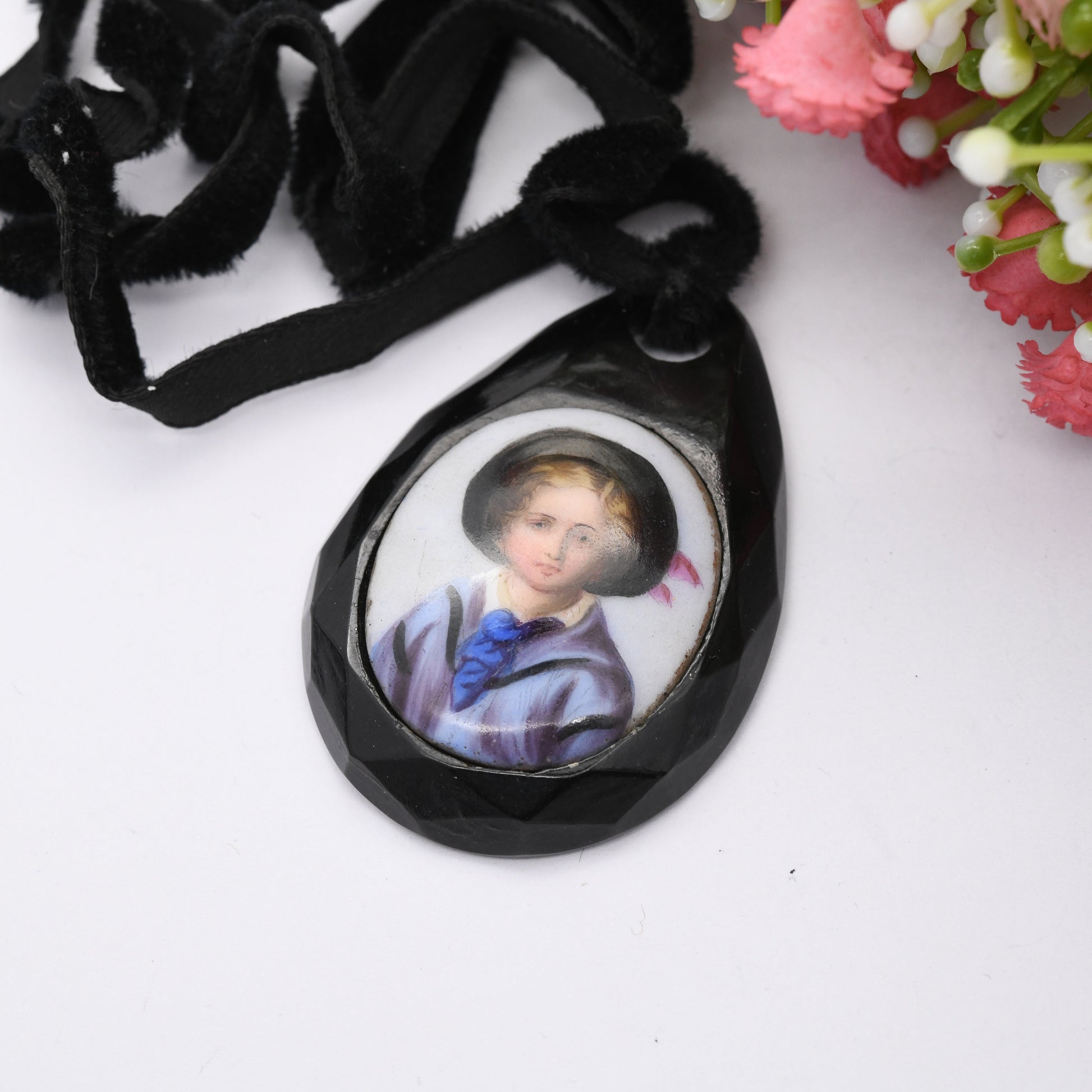 Antique Victorian Jet and Porcelain Portrait Pendant on Vintage Velvet Necklace - Large Statement | Picture of a Blue Boy