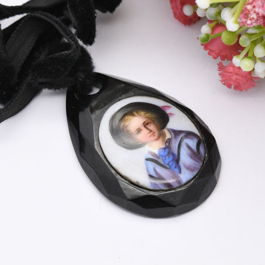 Antique Victorian Jet and Porcelain Portrait Pendant on Vintage Velvet Necklace - Large Statement | Picture of a Blue Boy