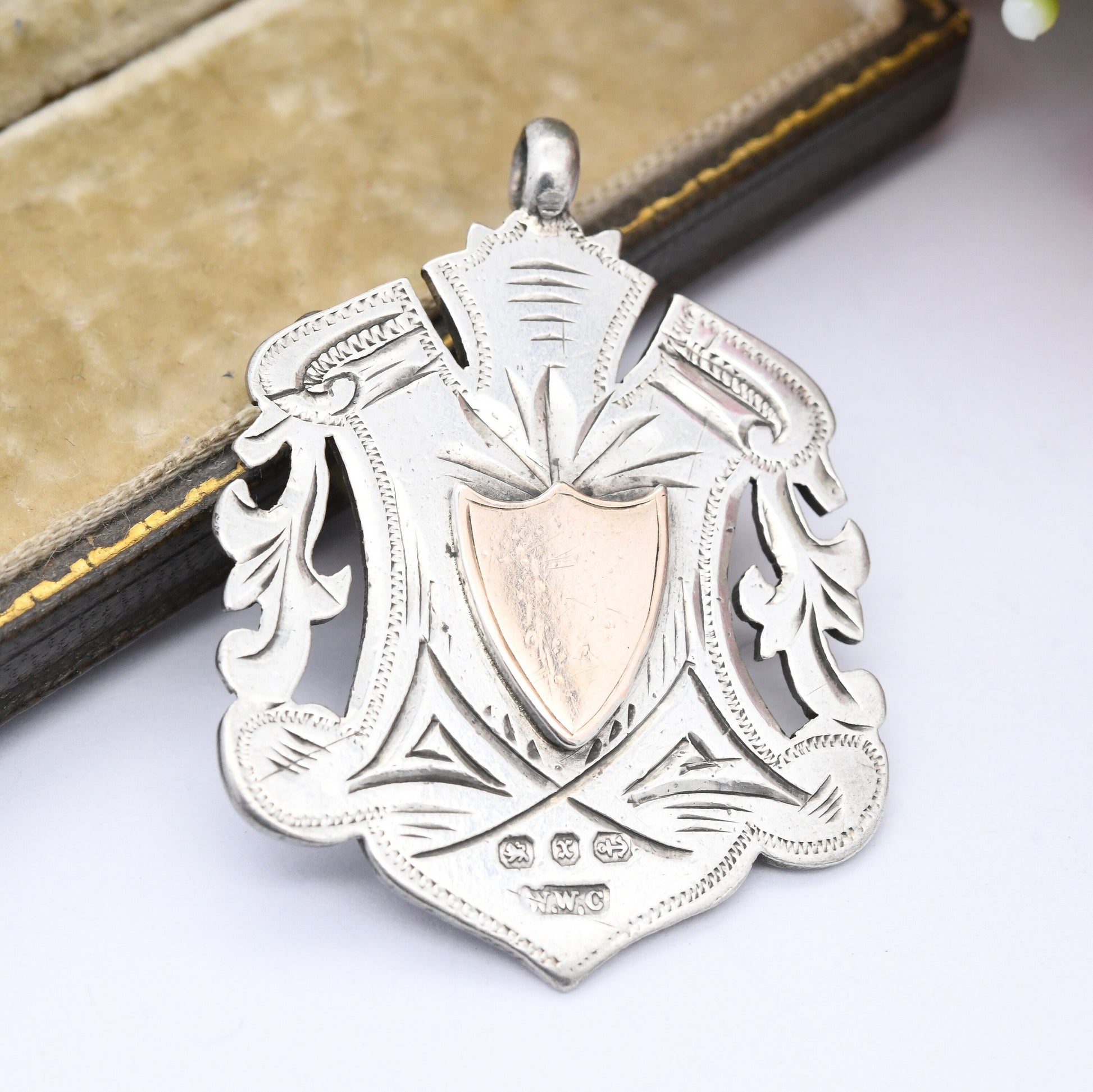 Antique Sterling Silver Watch Fob Pendant 1897 by William Walter Cashmore - with Blank Shield Plaque | Large Victorian Fob