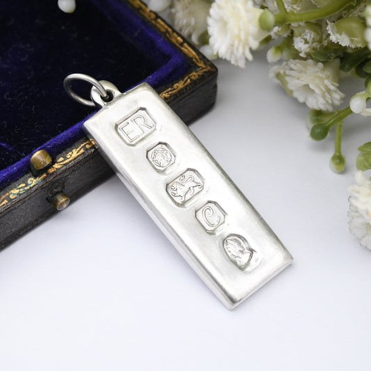 Vintage Sterling Silver Ingot Pendant 1977 with Queen Elizabeth II Silver Jubilee Stamp - Hallmarked Sheffield ER | Mid-Century Necklace