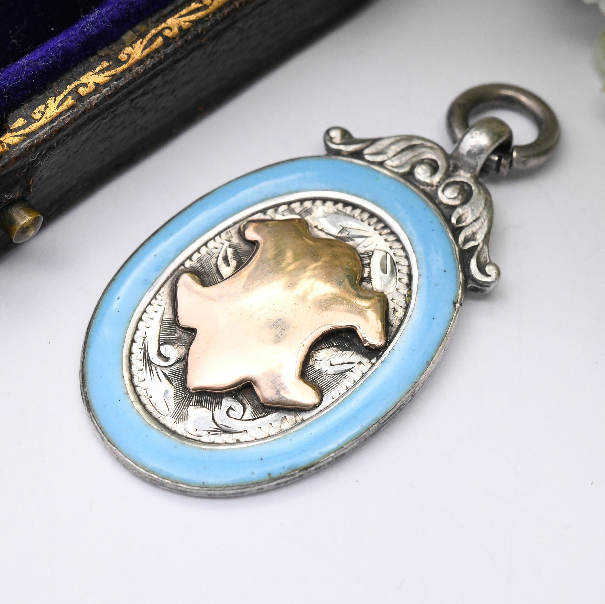 Vintage Sterling Silver Watch Fob Pendant 1926 by James Walter Tiptaft - with Gold Plaque and Blue Enamel | Engraved H Tiley 1934