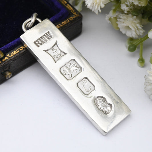 Vintage Sterling Silver Ingot Pendant 1977 with Queen Elizabeth II Silver Jubilee Stamp - Hallmarked R W Wingate | Mid-Century Necklace