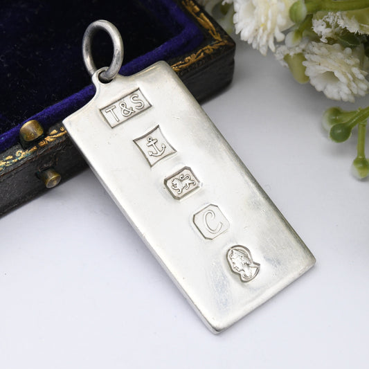 Vintage Sterling Silver Ingot Pendant 1977 with Queen Elizabeth II Silver Jubilee Stamp - Hallmarked Birmingham T&S | Mid-Century Necklace