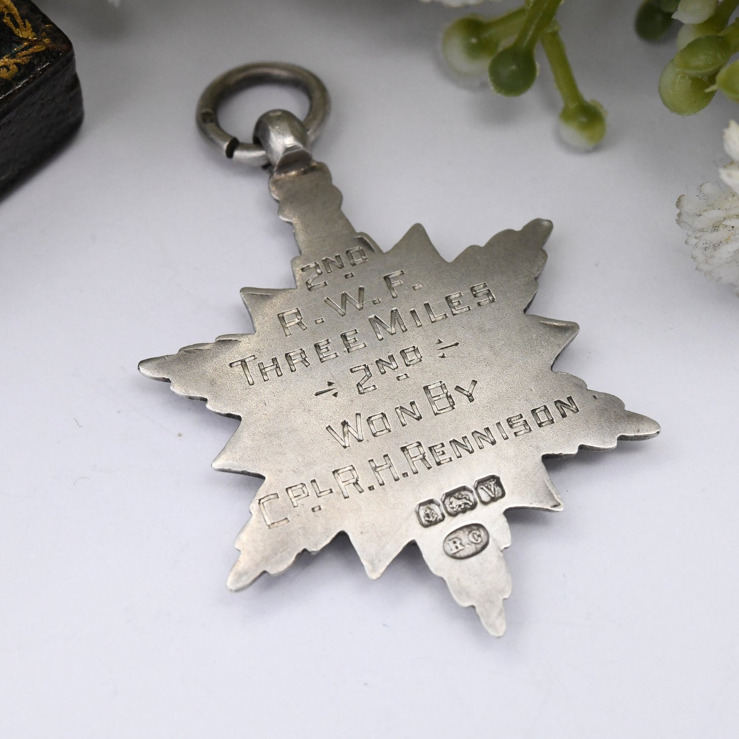 Antique Sterling Silver Star Watch Fob Pendant 1920 by Robert Chandler - with Blank Space for Engraving | Ornate Starburst Shape