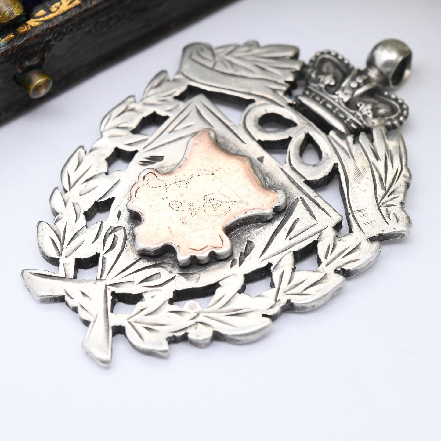 Antique Sterling Silver Watch Fob Pendant 1901 by Robert Chandler - with Rose Gold Plated Shield Plaque | Ornate Victorian Crown and Wreath