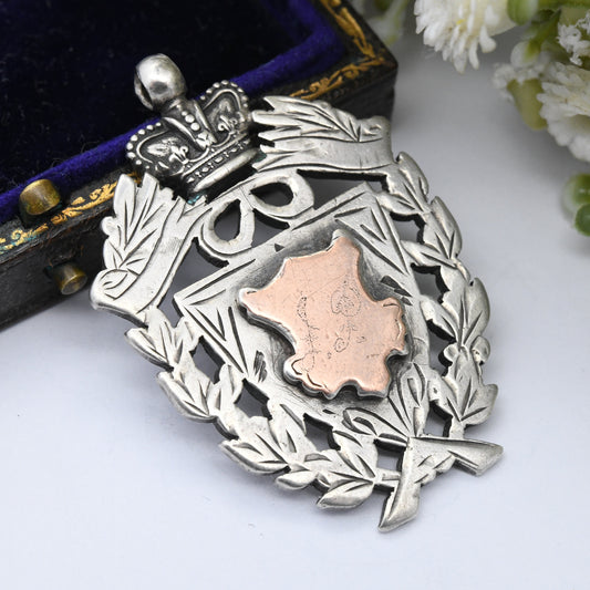 Antique Sterling Silver Watch Fob Pendant 1901 by Robert Chandler - with Rose Gold Plated Shield Plaque | Ornate Victorian Crown and Wreath