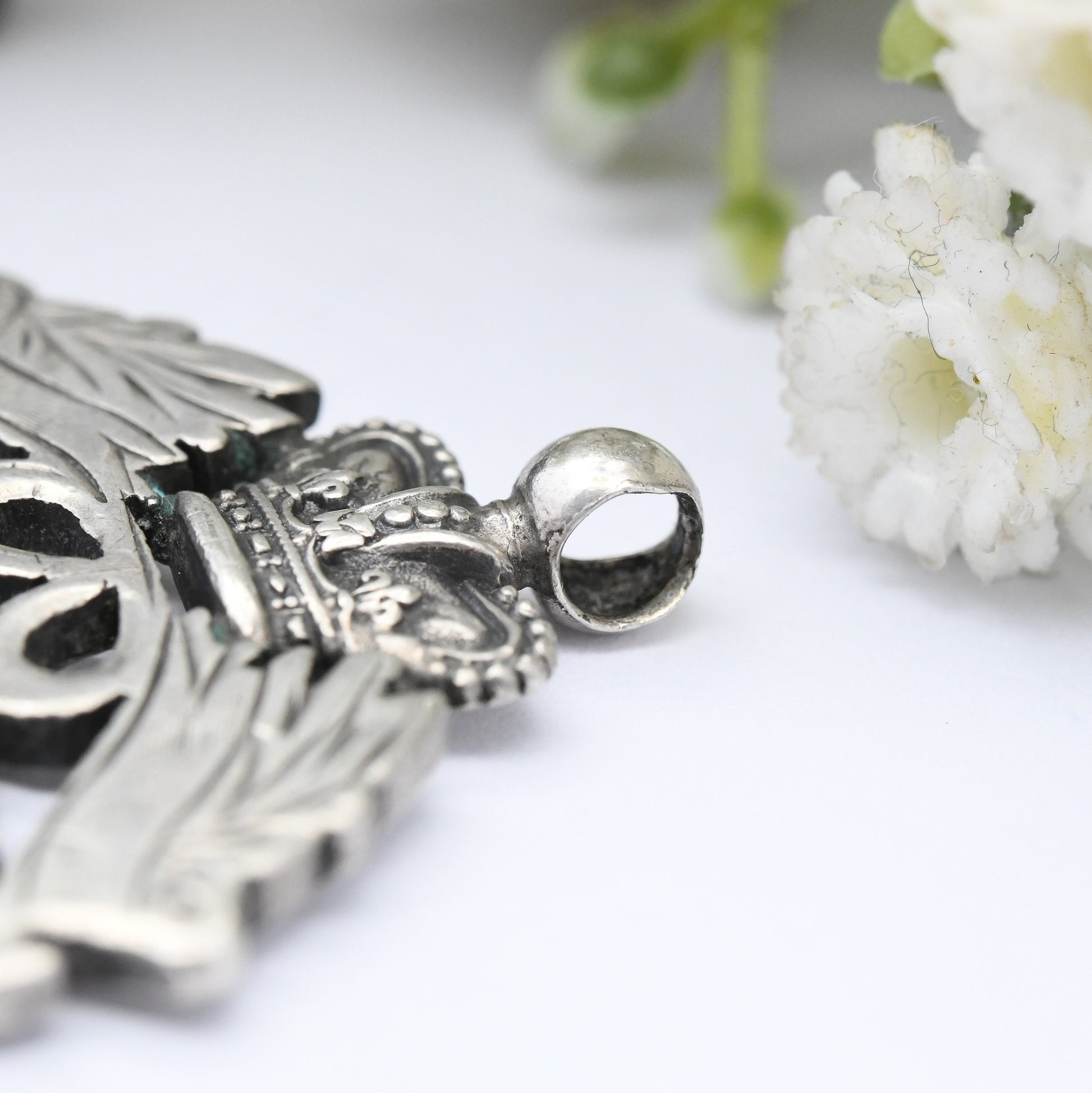 Antique Sterling Silver Watch Fob Pendant 1901 by Robert Chandler - with Rose Gold Plated Shield Plaque | Ornate Victorian Crown and Wreath