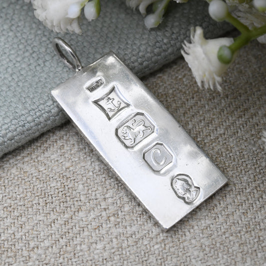 Vintage Sterling Silver Ingot Pendant 1977 with Queen Elizabeth II Silver Jubilee Stamp - Hallmarked in Birmingham | Mid-Century Necklace