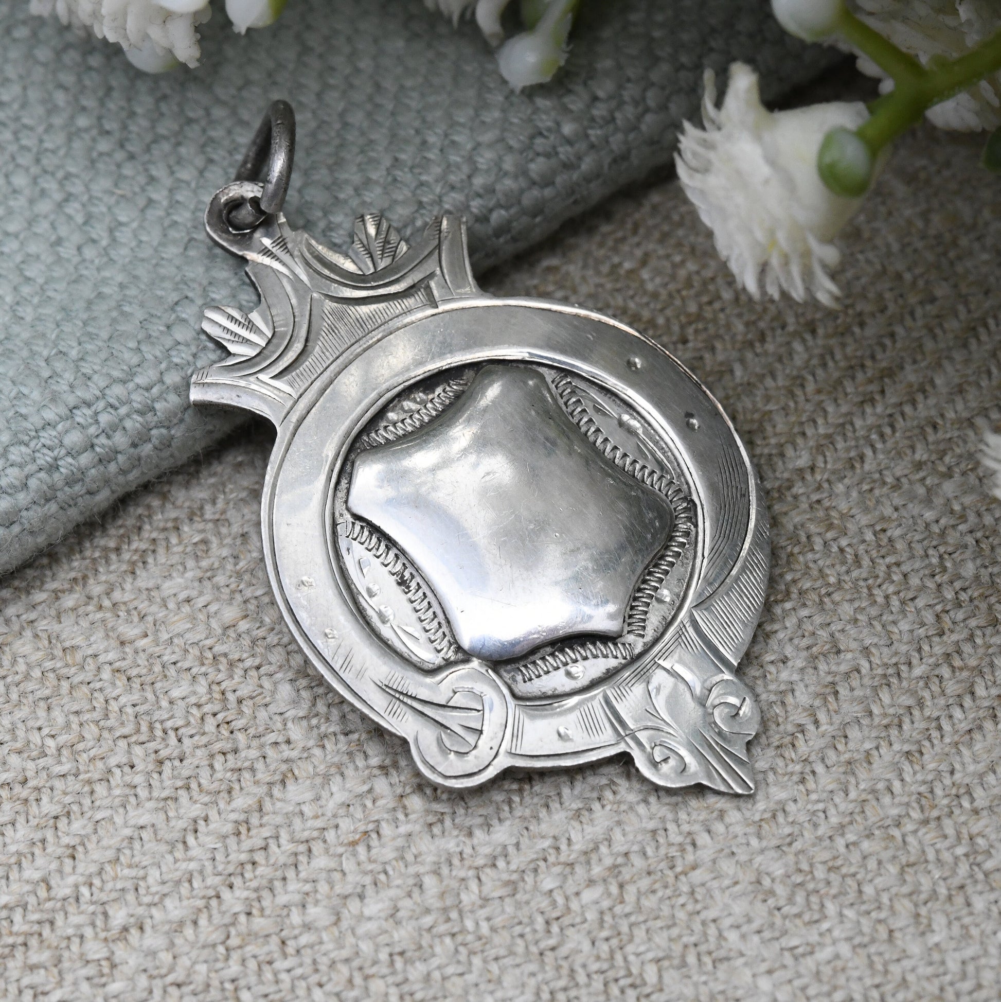 Antique Sterling Silver Watch Fob Pendant with Buckle Design Border - Blank Shield for Engraving