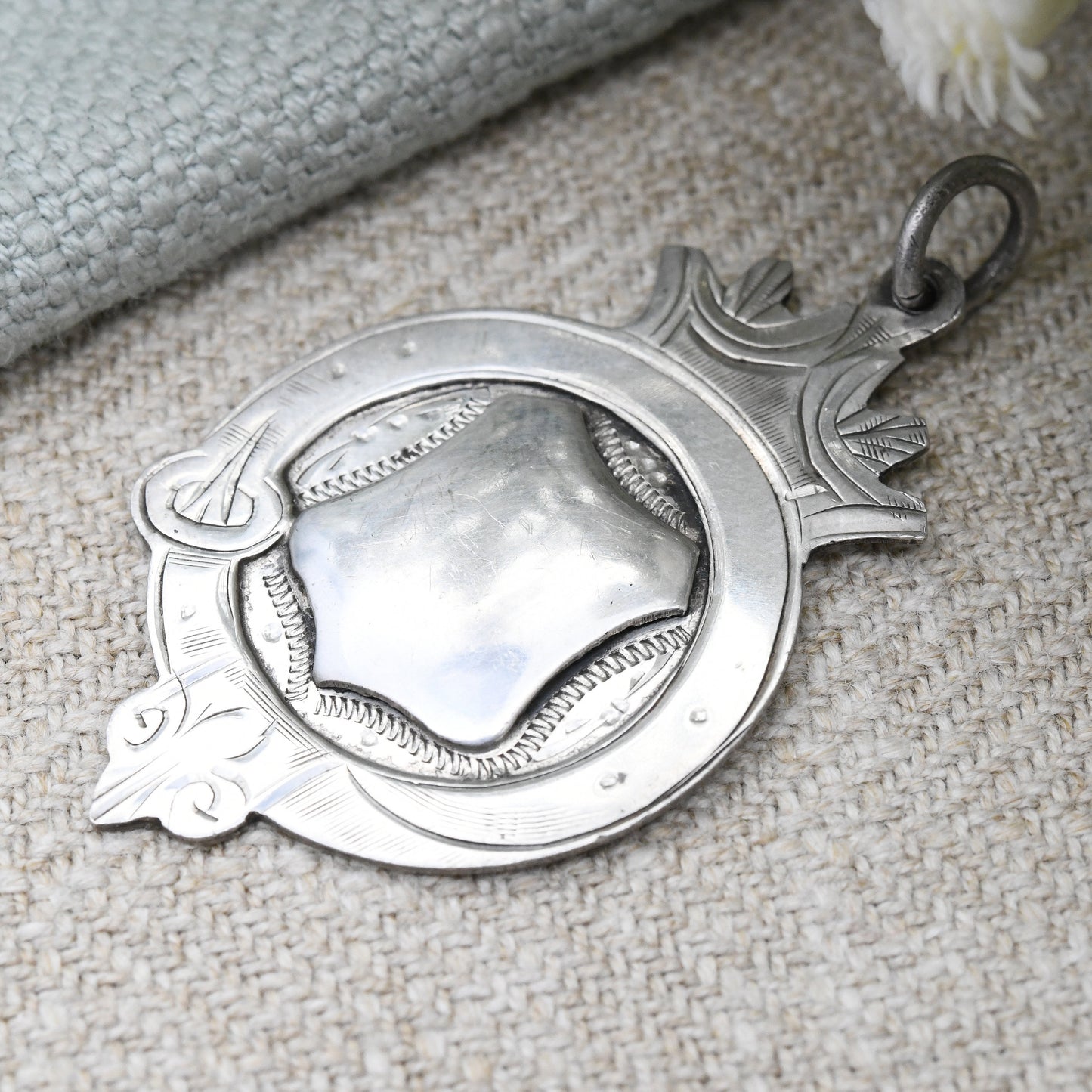 Antique Sterling Silver Watch Fob Pendant with Buckle Design Border - Blank Shield for Engraving