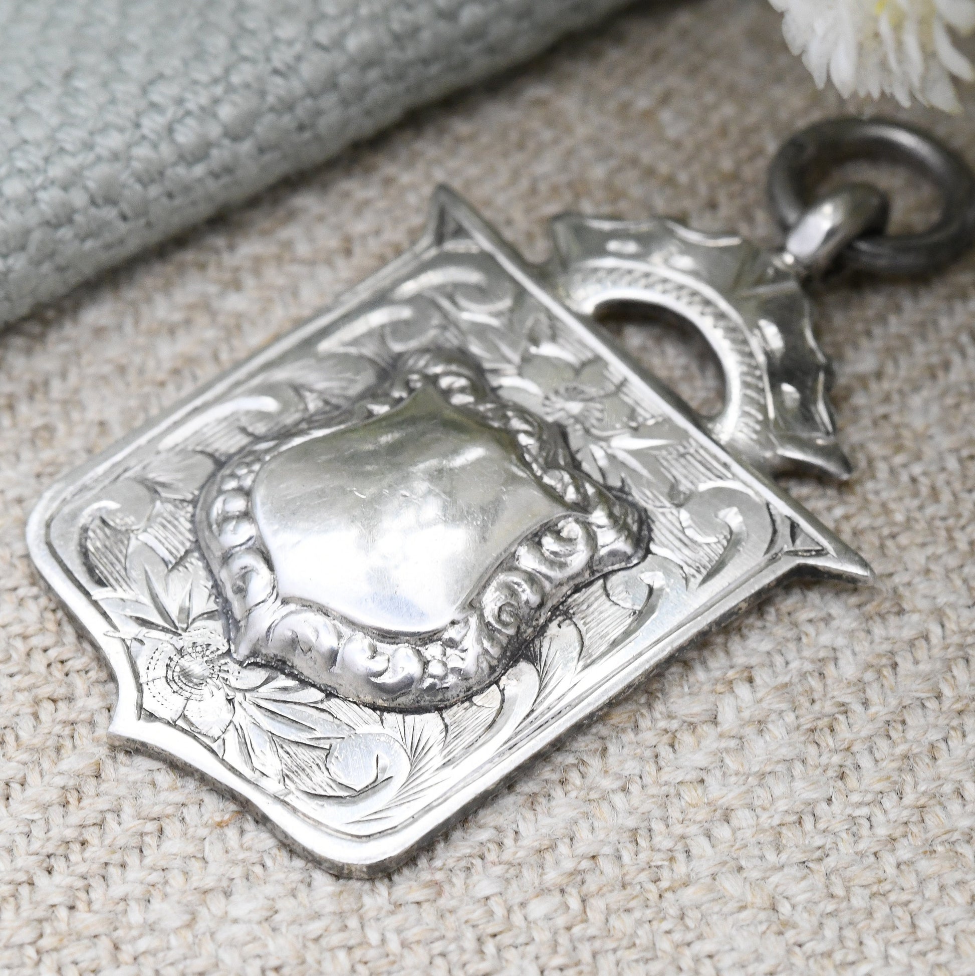 Vintage Sterling Silver Watch Fob Pendant 1936 - with Blank Space for Engraving | F. Young 1937 | Engraved Scrolling