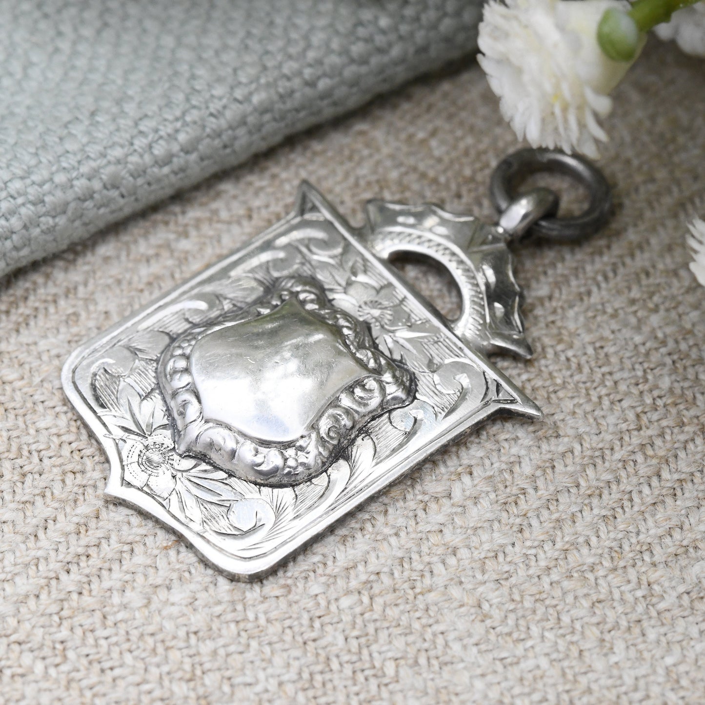 Vintage Sterling Silver Watch Fob Pendant 1936 - with Blank Space for Engraving | F. Young 1937 | Engraved Scrolling