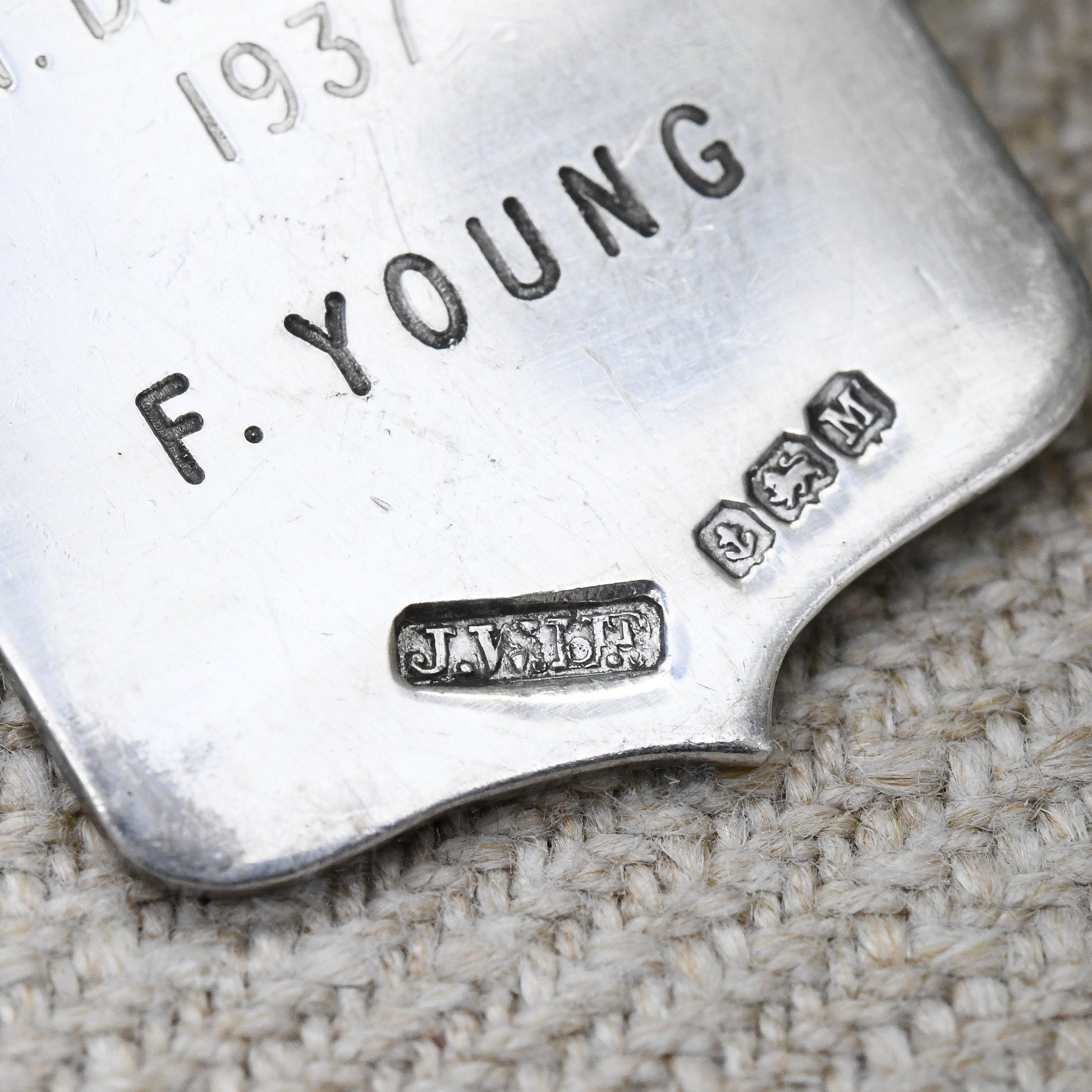 Vintage Sterling Silver Watch Fob Pendant 1936 - with Blank Space for Engraving | F. Young 1937 | Engraved Scrolling