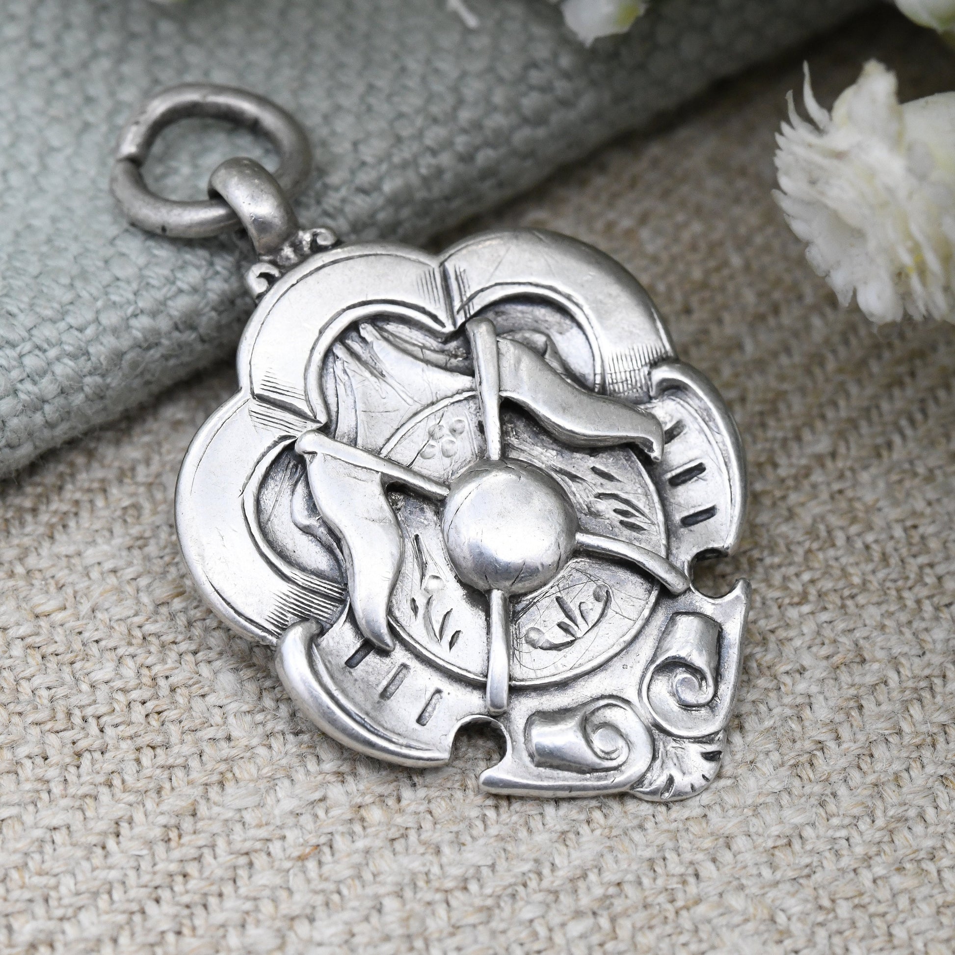 Antique Sterling Silver Watch Fob Pendant 1924 - Crossed Flags and Ball | Division 2 Runner's Up Medal