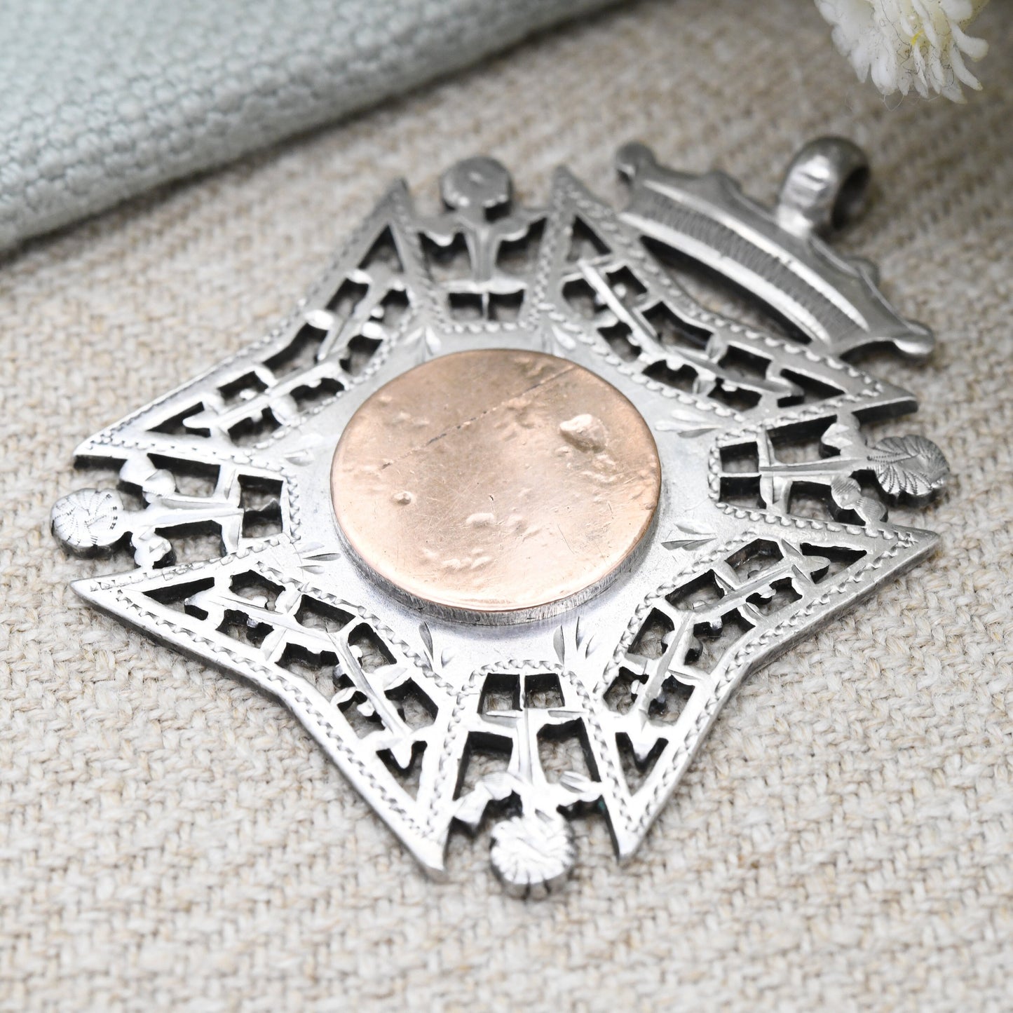 Antique Sterling Silver Watch Fob Pendant 1899 by William Hair Haseler - with Rose Gold Front | Large Victorian Pendant