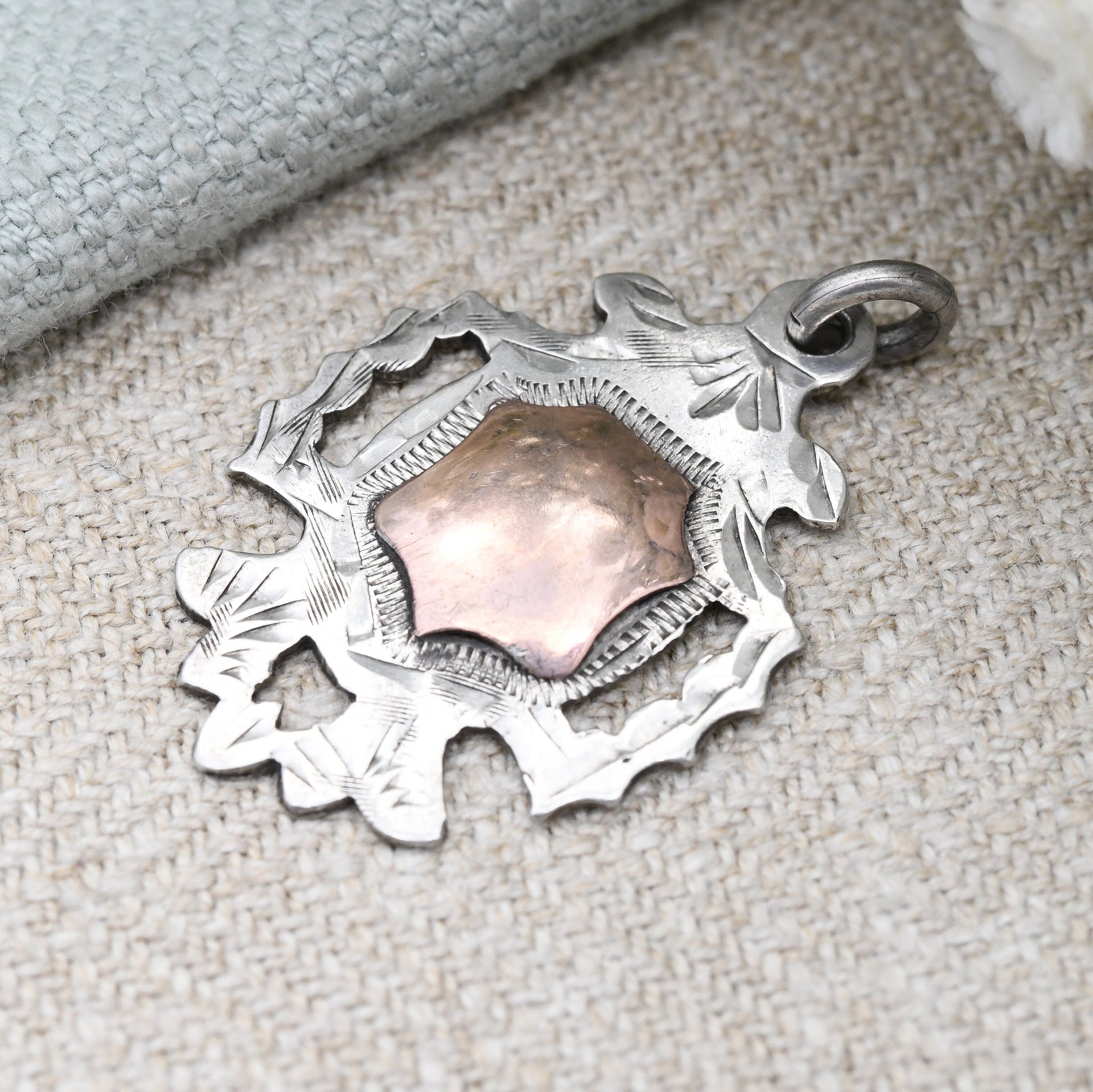 Antique Sterling Silver Watch Fob Pendant 1916 by Thomas James Skelton - with Rose Gold Plated Shield | Chester Hallmarks