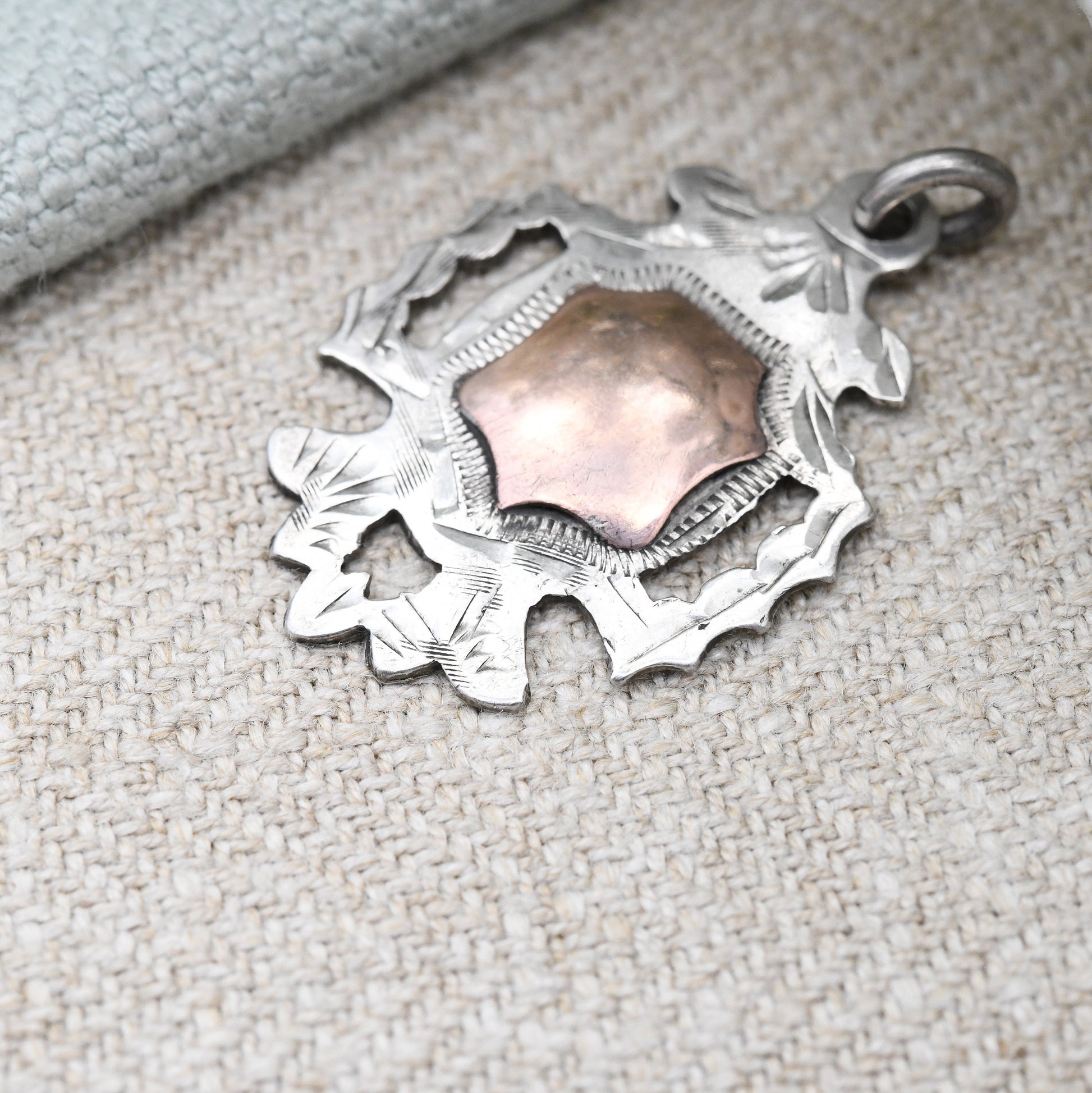 Antique Sterling Silver Watch Fob Pendant 1916 by Thomas James Skelton - with Rose Gold Plated Shield | Chester Hallmarks