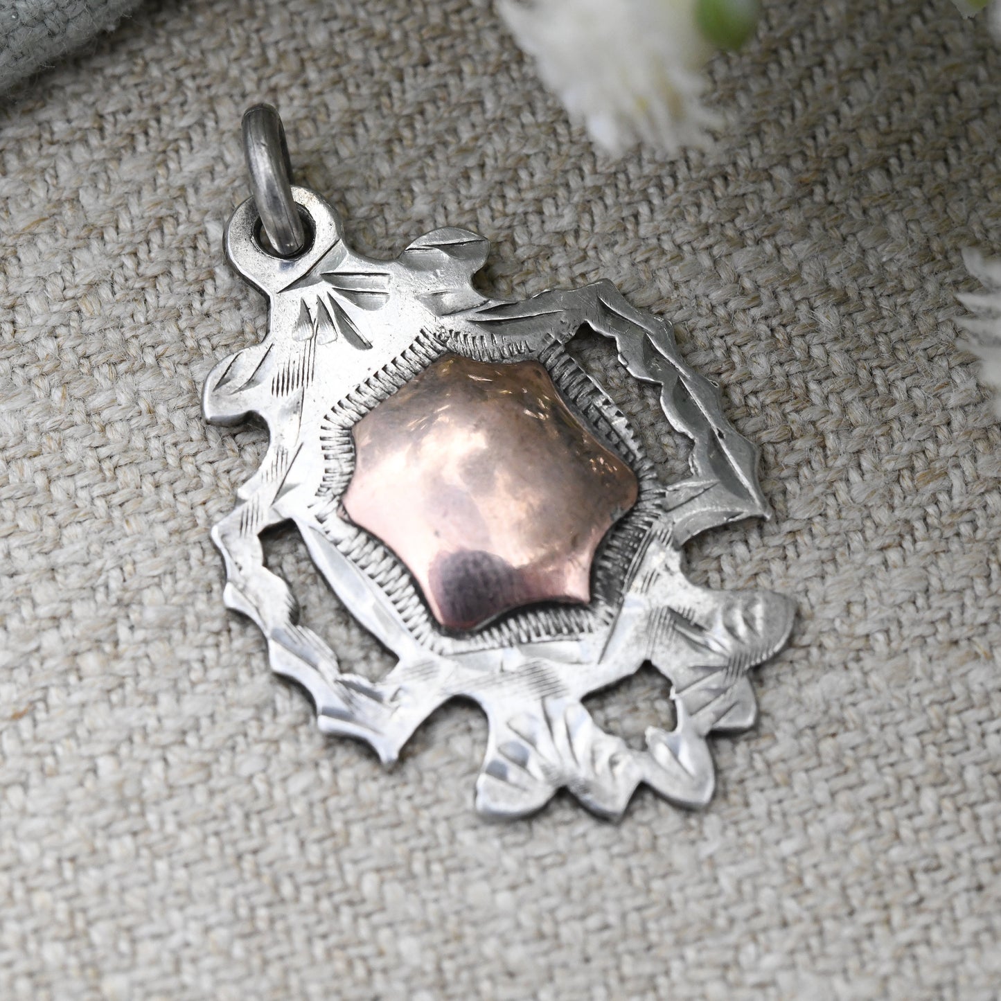 Antique Sterling Silver Watch Fob Pendant 1916 by Thomas James Skelton - with Rose Gold Plated Shield | Chester Hallmarks