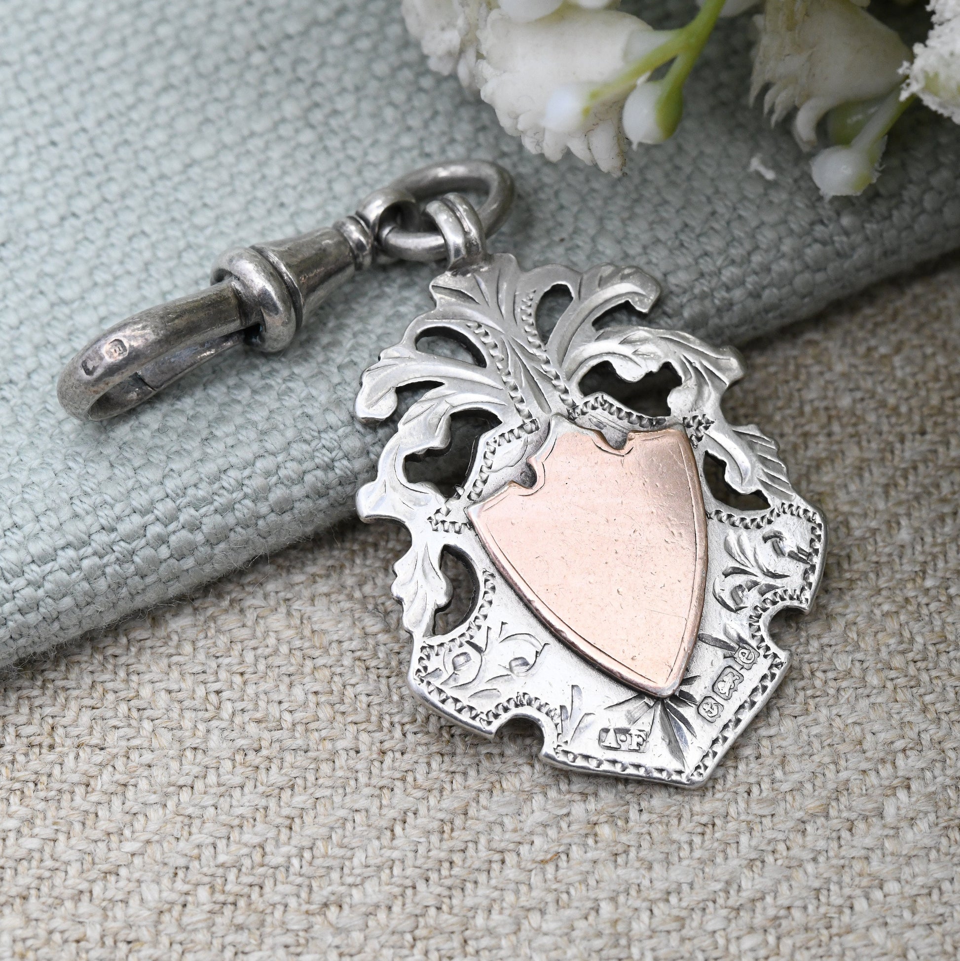 Antique Sterling Silver Watch Fob Pendant with Dog Clip 1904 by Arthur Fenwick - with Rose Gold Shields | Ornate Engraving