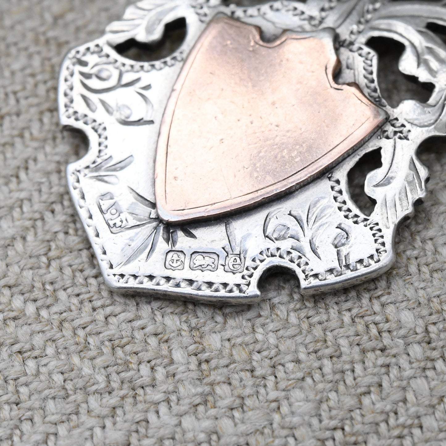 Antique Sterling Silver Watch Fob Pendant with Dog Clip 1904 by Arthur Fenwick - with Rose Gold Shields | Ornate Engraving