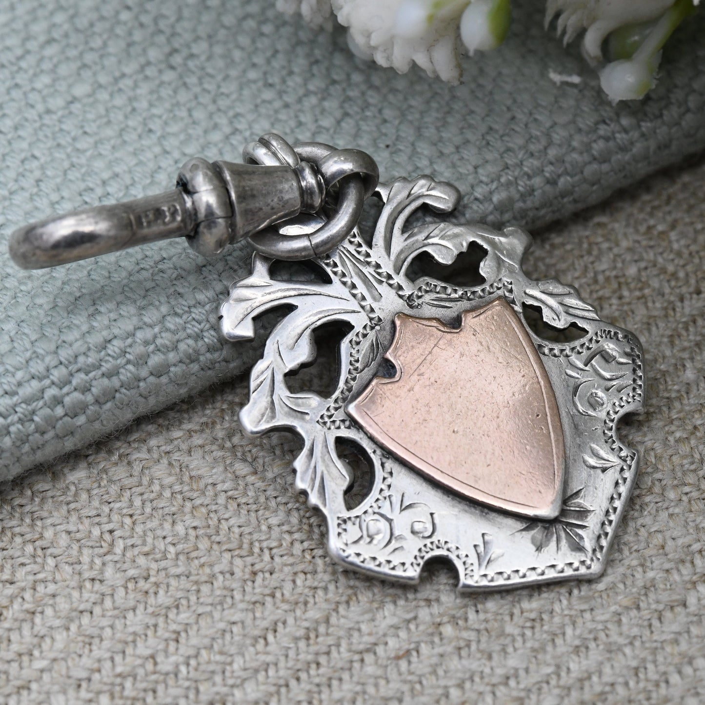 Antique Sterling Silver Watch Fob Pendant with Dog Clip 1904 by Arthur Fenwick - with Rose Gold Shields | Ornate Engraving