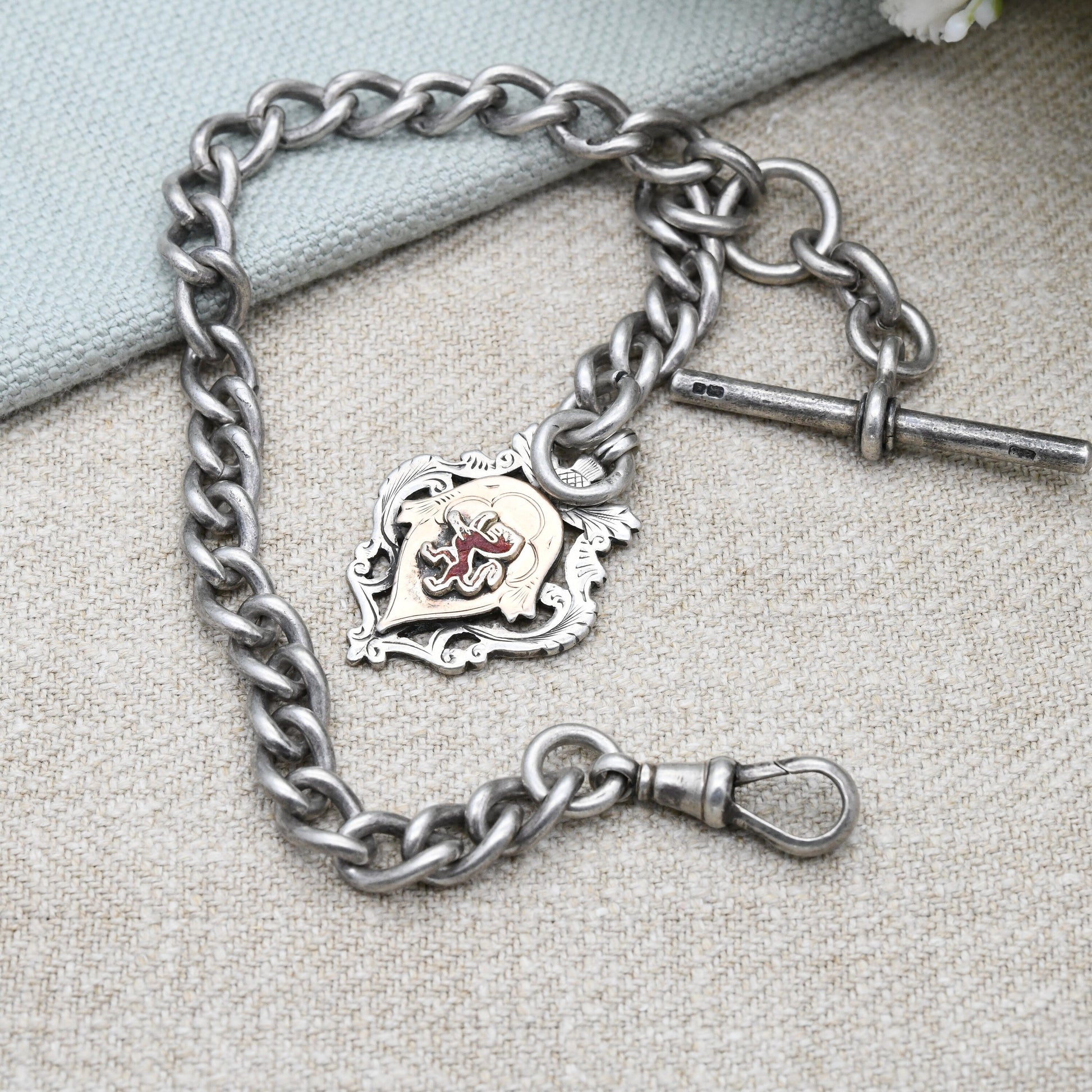 Antique Sterling Silver Albert Chain with Watch Fob T-Bar & Dog Clip 1905 1906 - Scottish Thistle Lion Rampant Shield Fob Gold Plated