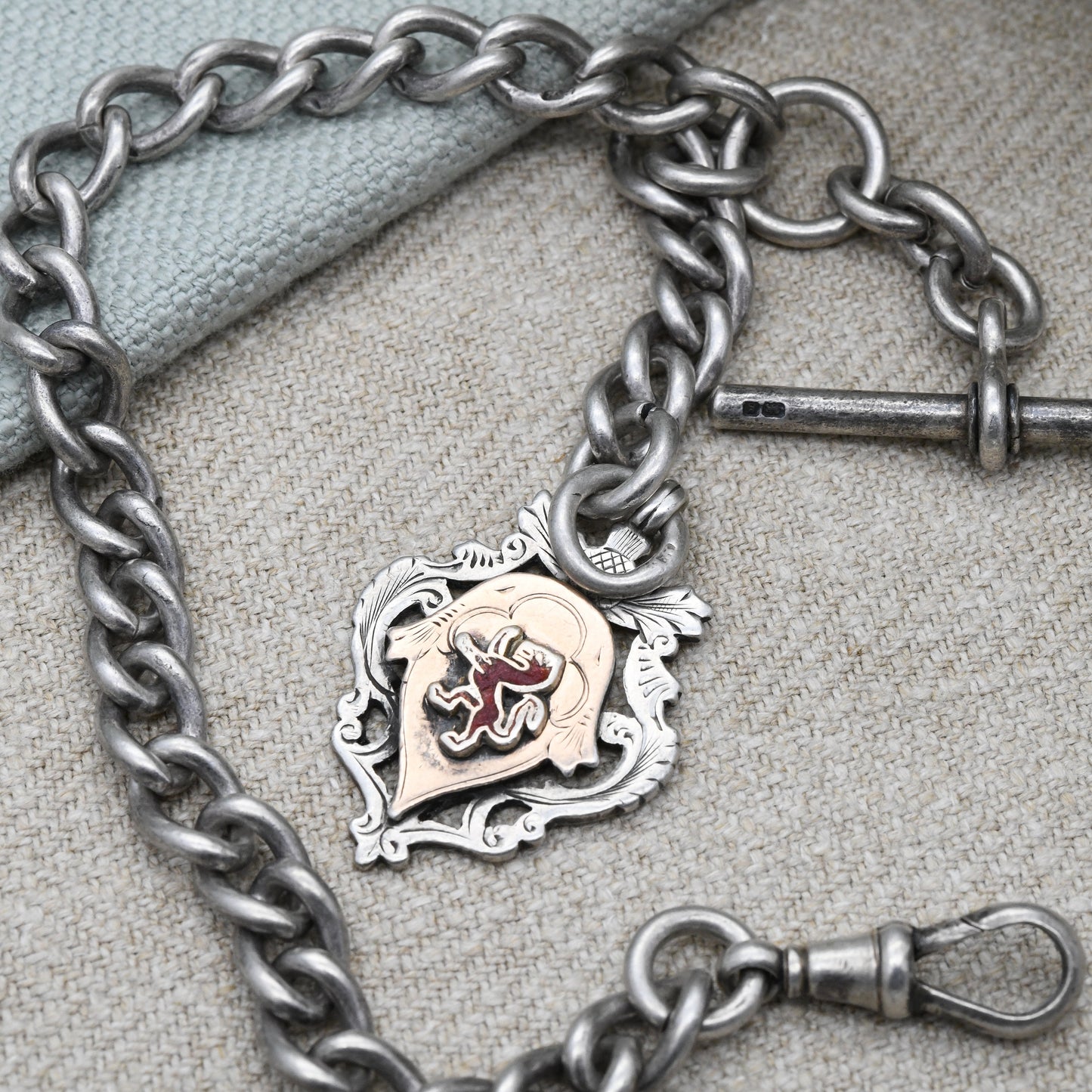 Antique Sterling Silver Albert Chain with Watch Fob T-Bar & Dog Clip 1905 1906 - Scottish Thistle Lion Rampant Shield Fob Gold Plated