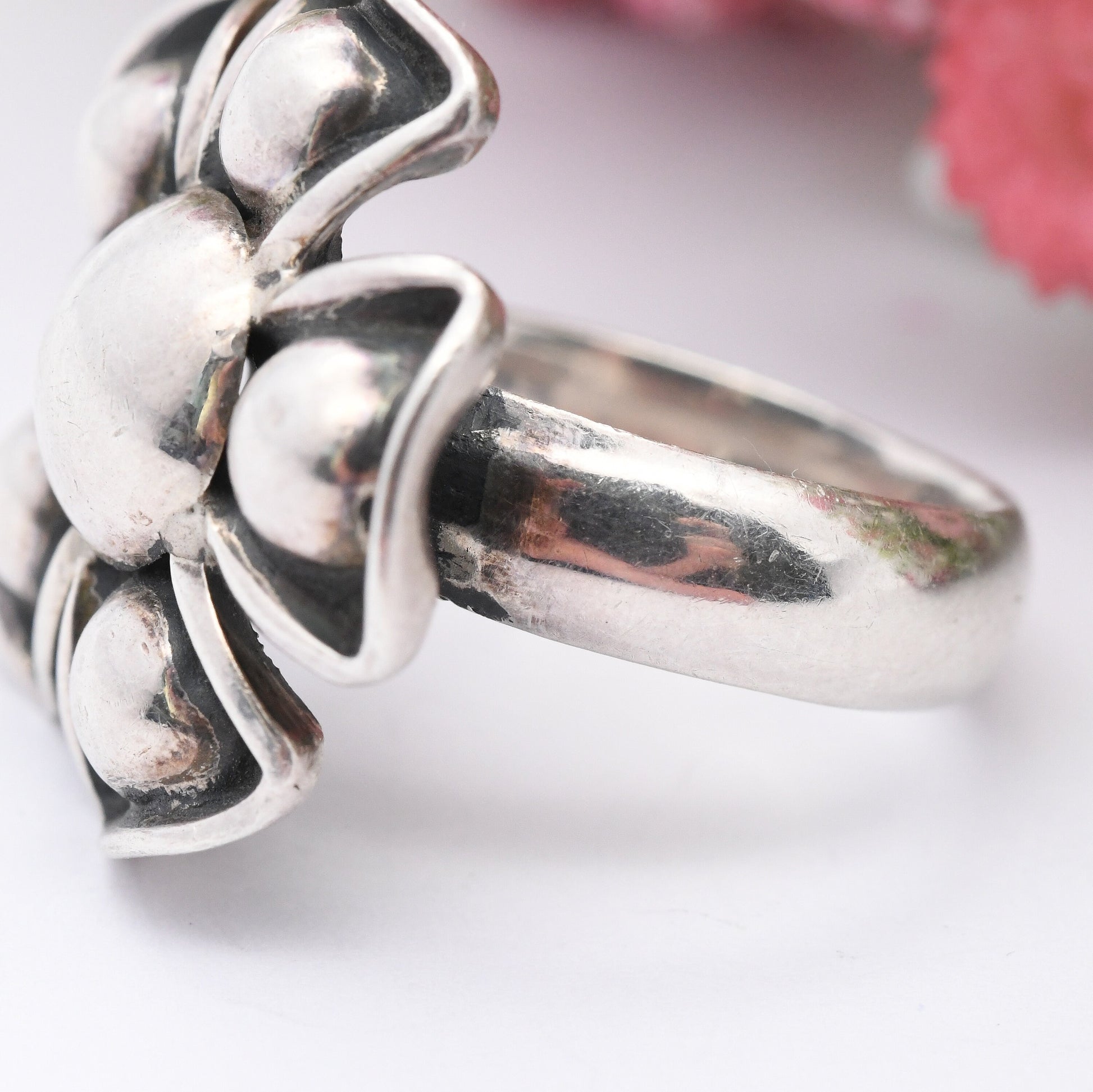 Vintage Silver Statement Flower Ring - Mid-Century Modernist Ring | Chunky Ball Design | UK Size - O 1/2 | US Size - 7 1/4