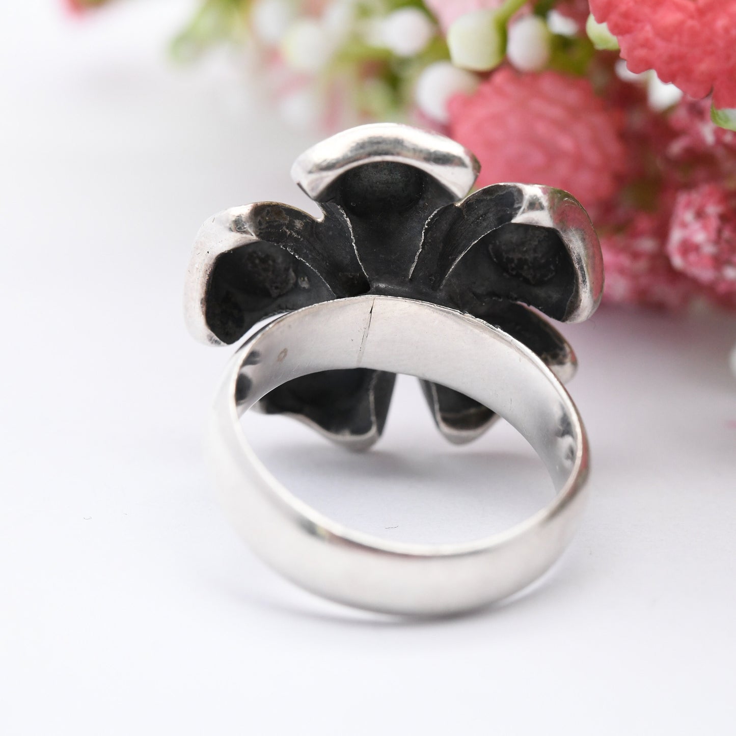 Vintage Silver Statement Flower Ring - Mid-Century Modernist Ring | Chunky Ball Design | UK Size - O 1/2 | US Size - 7 1/4