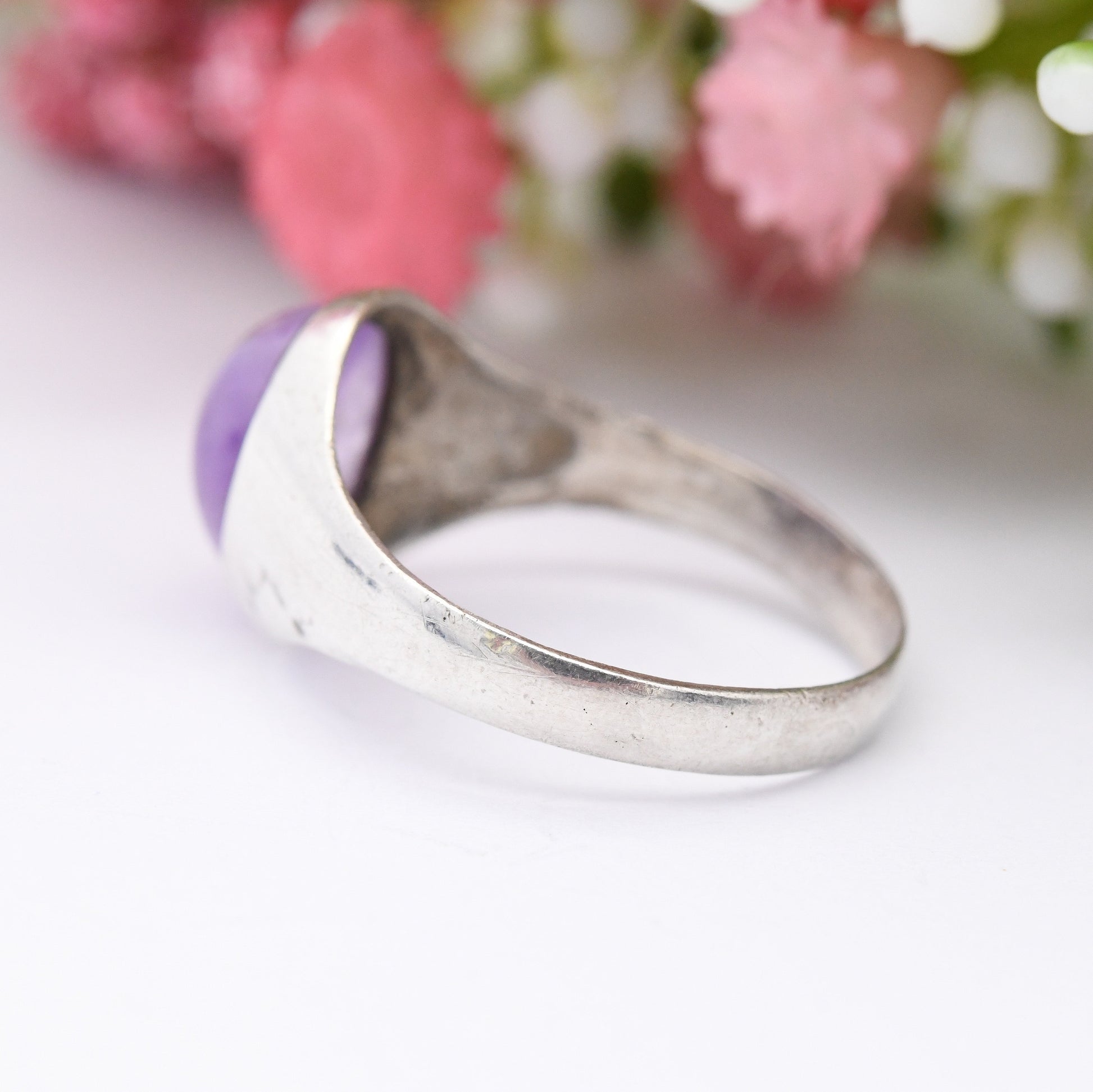 Vintage Sterling Silver Amethyst Signet Ring - Cabochon Large Purple Stone | UK Size - P | US Size - 7 1/2